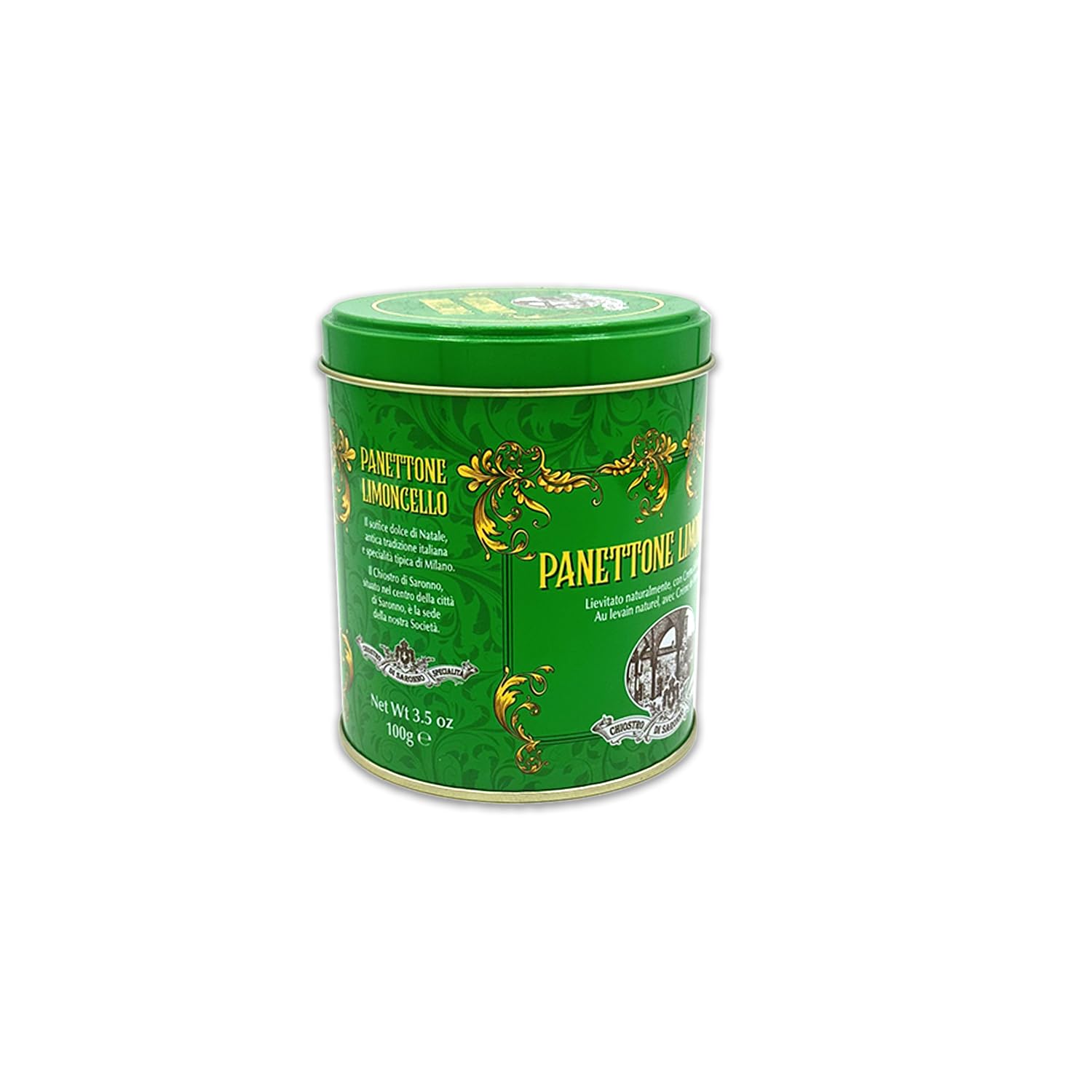 Chiostro di Saronno Handwerklicher Mini-Panettone mit Limoncello-Creme 100 g, Langsam Fermentierter Panettone, Limoncello-Panettone, Ohne Kandierte Früchte und Sultaninen, Grüne Blechdose