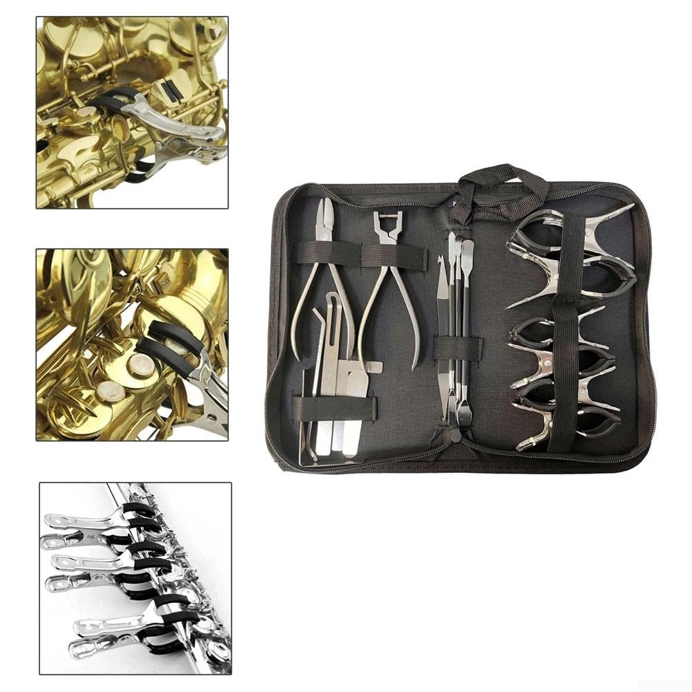 Kit de reparación de saxofón, 17 piezas de herramientas de reparación de saxofón de acero inoxidable, portátil, ajustable, repuesto para los amantes del saxofón