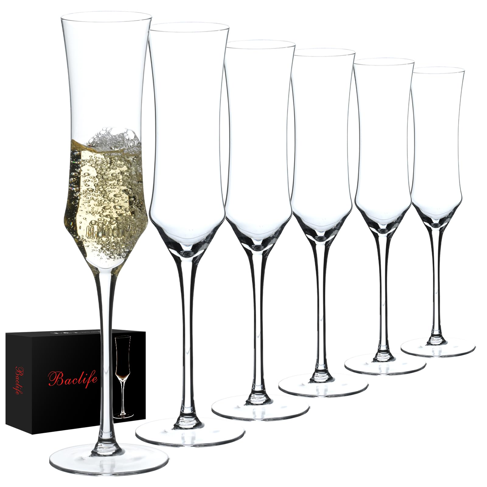 Champagne Flutes Set of 6 - Hand Blown Crystal Champagne Glasses With Long Stem - 7 oz Elegant Sparkling Wine Stemware - Unique Gift for Birthday,Wedding,Mother's Day,Housewarming