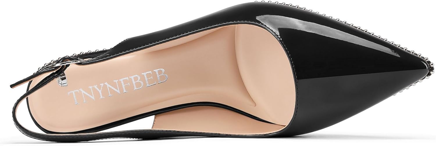 TNYNFBEB Womens Kitten Heel Pointed Toe Pumps Beaded Slingback Slip-on Buckle Prom Party Dress Basic Classic Patent Leather 2.6 Inches Heels
