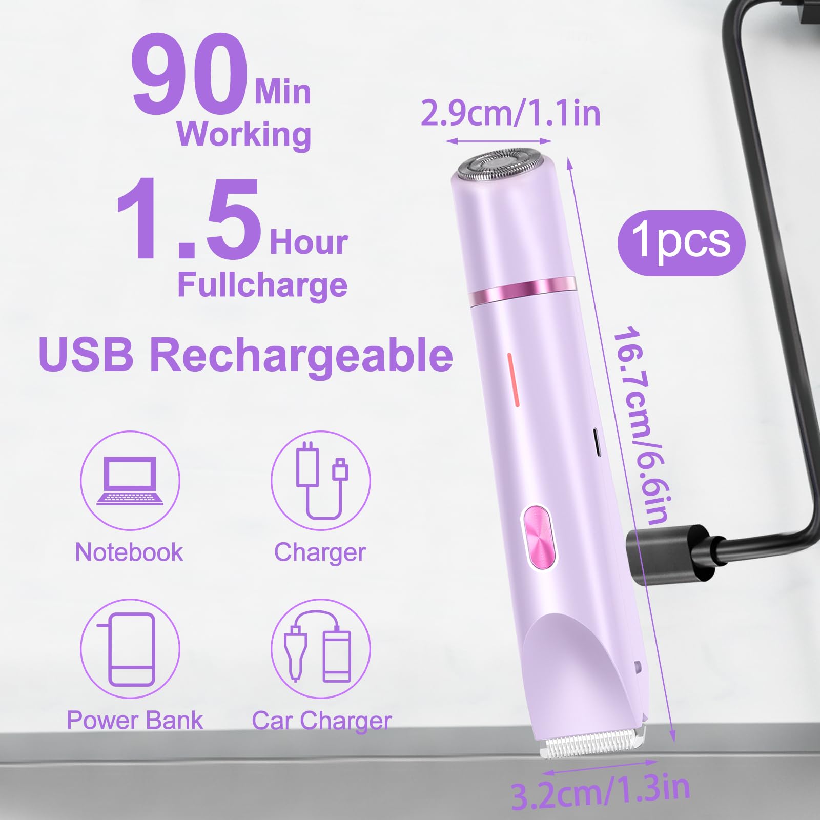 Rasoio Elettrico Donna, 2 in 1 IPX7 Rasoio Elettrico Intimo Donna, Depilazione Indolore Rasoio per Corpo Ascelle Gambe Bikini, Uso Bagnato e Asciutto(Viola)