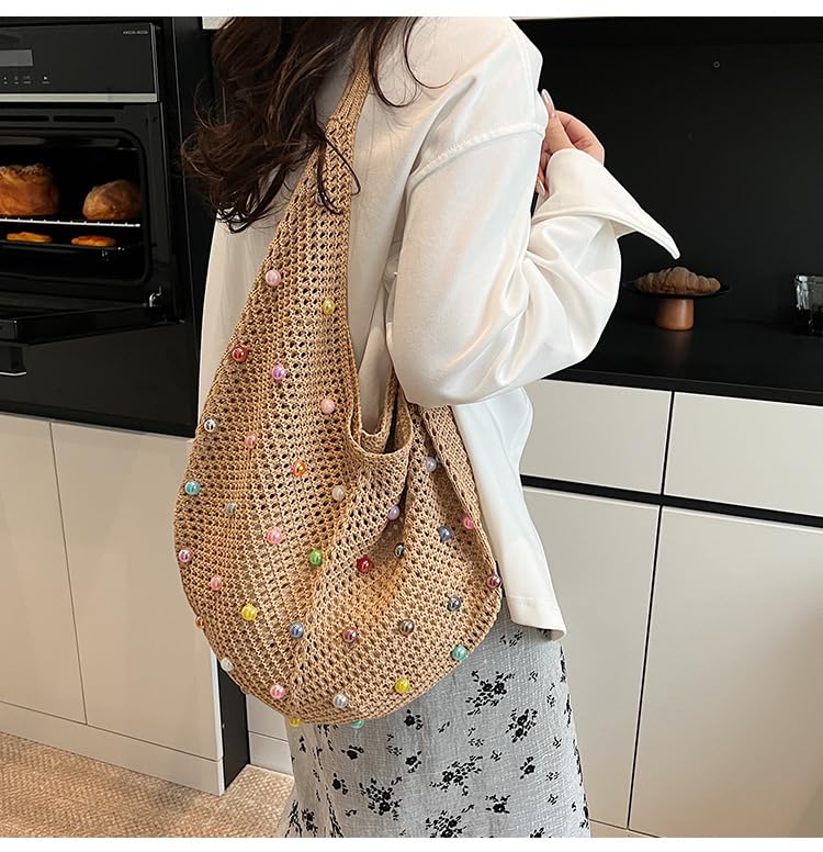 Image of Boho Crochet Beach Tote Shoulder Bag with Colored Beads | Colorful Aesthetic Hippie Knit Bag for Women