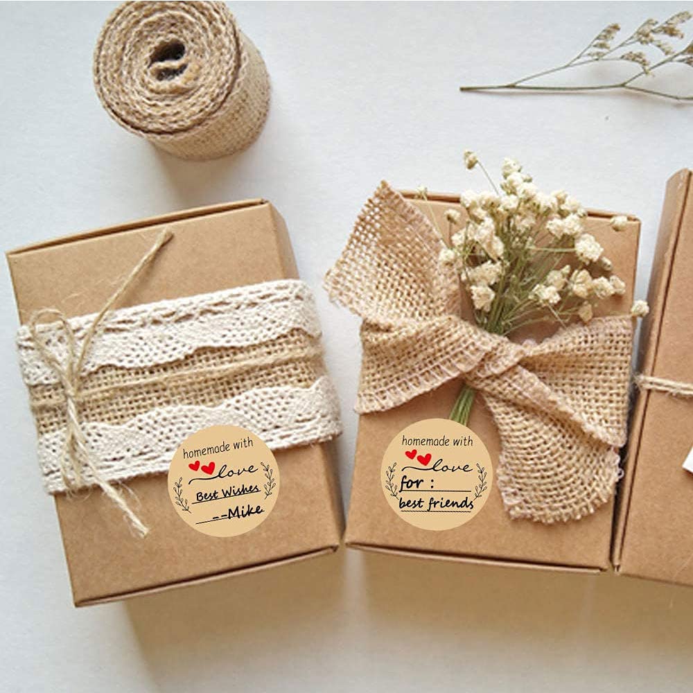 1 rotoli (500 pz), fatti in casa con amore, adesivi per etichette in carta kraft da