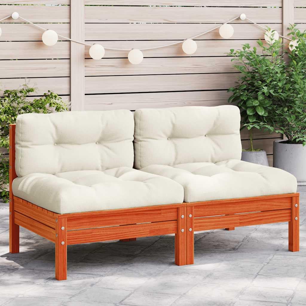 Rustic Garden Armless Sofa with Cushions, Wax Brown and Cream Solid Pine Wood Oxford Fabric, Modular Outdoor Seating for Patio Balcony, Weather-Resistant Durable Furniture