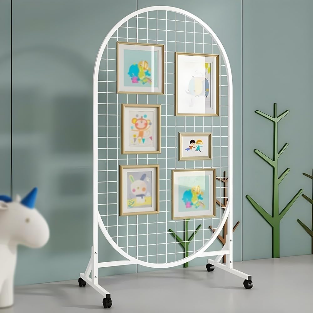 Rolling Grid Wall Panel Display Rack - Floor Standing Gridwall Tower for Trade Shows & Retail - Mobile Art Showcase with Wheels, White (80x150cm)
