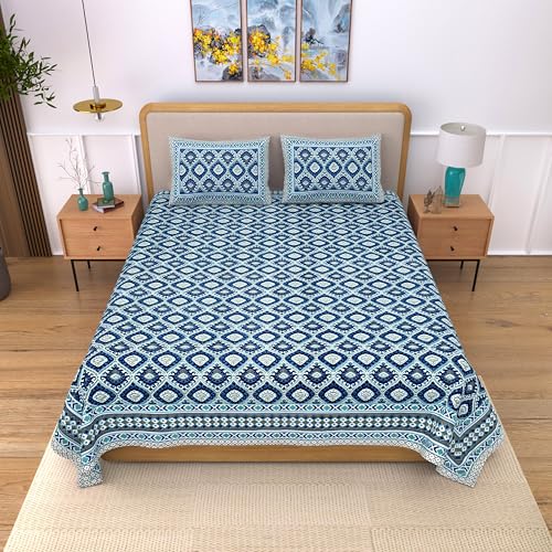 Image of India 100% Pure Cotton Jaipuri Printed Double Bedsheet with 2 Pillow Covers | Traditional Sanganeri Floral Design | Soft Breathable Fabric | King Size Bedsheet for Bedroom (Kaya48)
