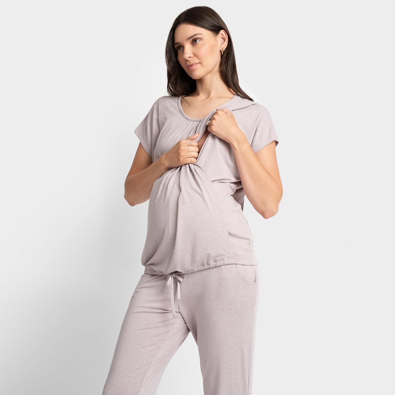 Seraphine Karen Maternity and Nursing Two Piece Lounge Set, Short Sleeve, Matching Pregnancy Loungewear and Mom Postpartum Clothes for Women, Lilac, S - Image 5