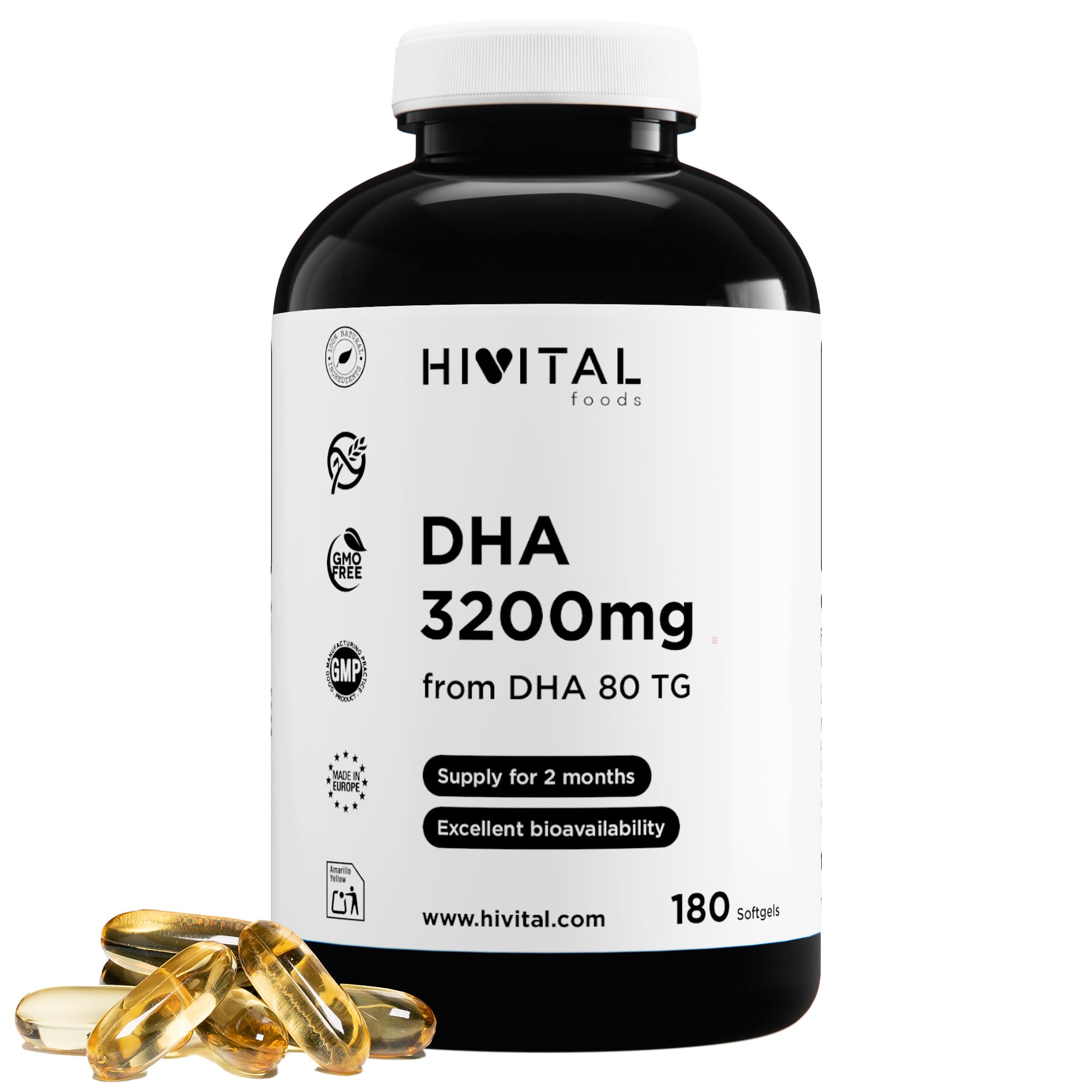 DHA 3200 mg. 180 capsules pour 2 mois de traitement. Avec de l'Huile de Poisson Naturelle sous forme de Triglycéride. 100% Naturel, Sans Gluten, Sans OGM. Fabriqué en Europe par HIVITAL