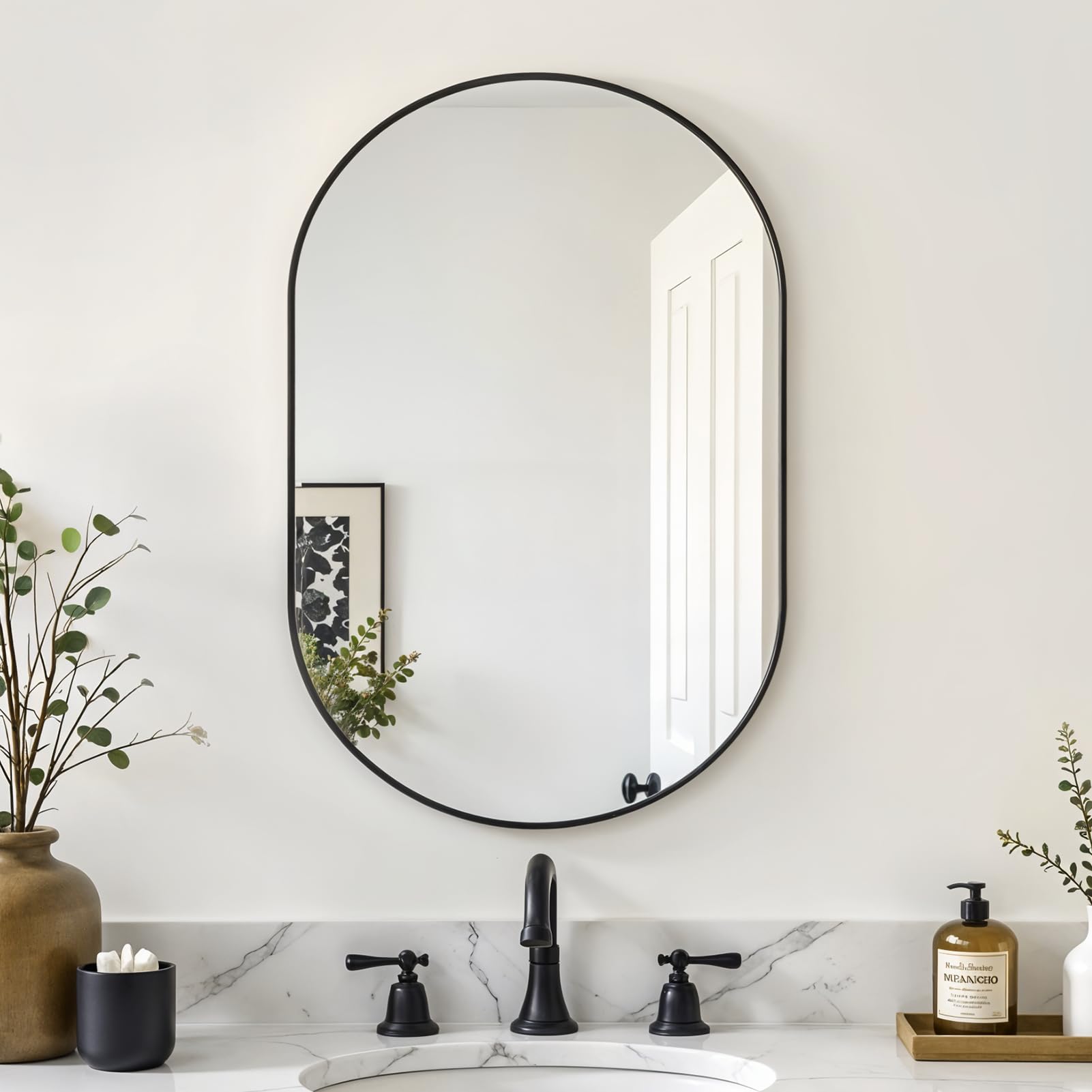 Warmiehomy Bathroom Mirror Wall Mounted Oval Frame Mirror Horizontal or Vertical Hanging Wall Mirror for Bathroom Living Room Bedroom (50 x 70 cm, Black)