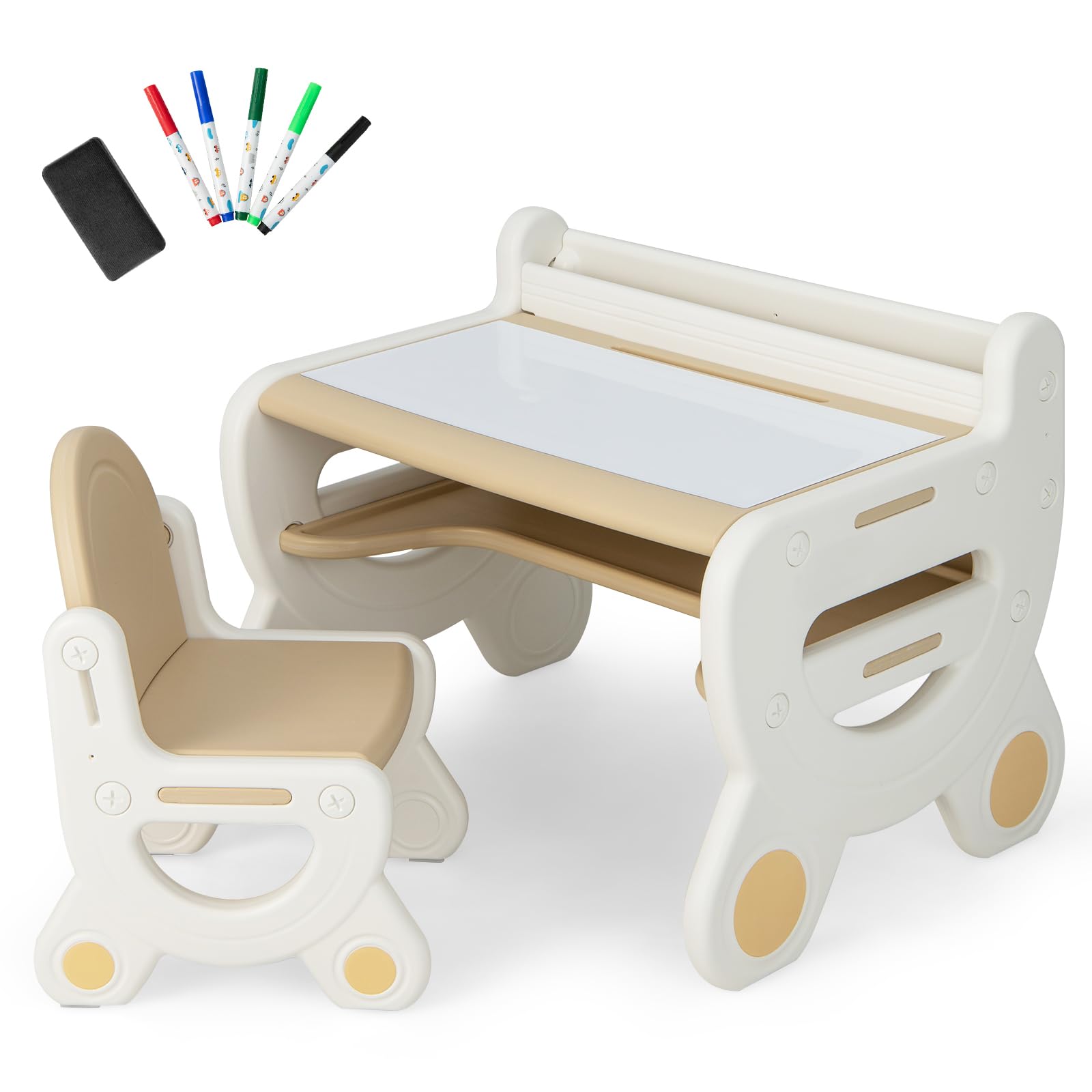 Ensemble Table Et Chaise Enfant Avec Tableau Effaçable - Bureau D'activités, Rangement, Pour 3-8 Ans (marron)