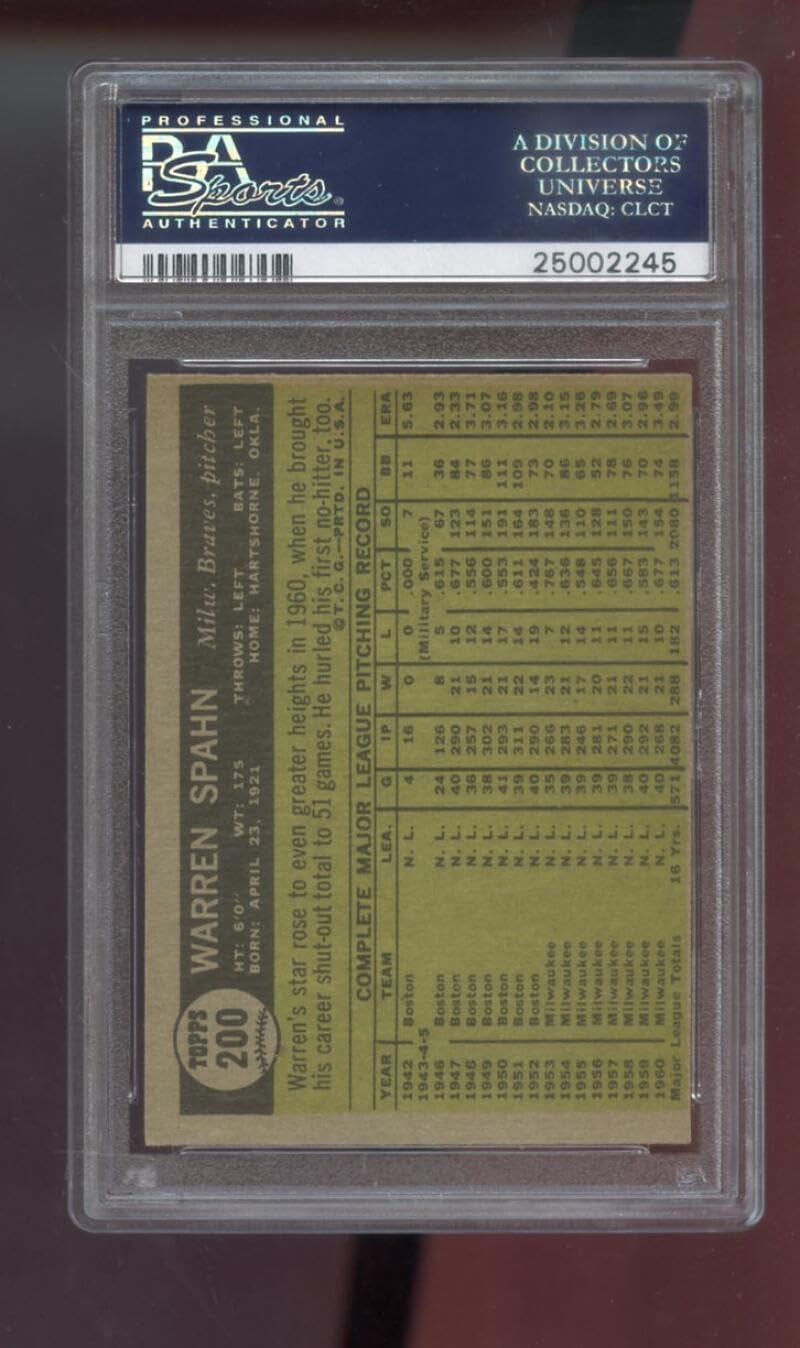 1961 Topps #200 Warren Spahn Milwaukee Braves MLB PSA 7 Graded Baseball Card