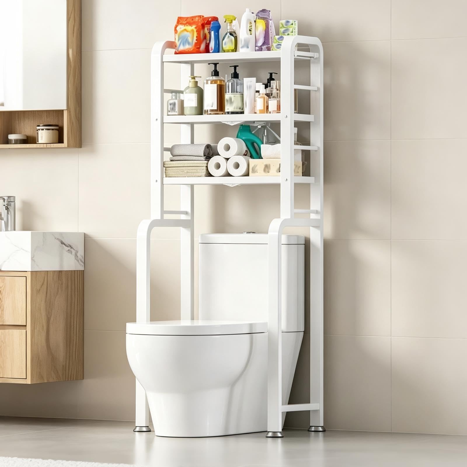 Generico Scaffale WC, Mensola Bagno Sopra Toilette, Salvaspazio Pieghevole | Con ganci mobili e ripiani regolabili per organizzare prodotti bagno e accessori