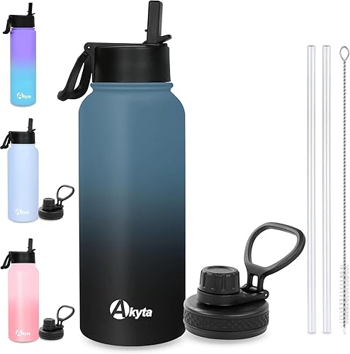 Akyta Botella de agua de 32 onzas, botella de agua deportiva con popote, 2 tapas, acero inoxidable aislado al vacío, mantiene el agua fríacaliente,