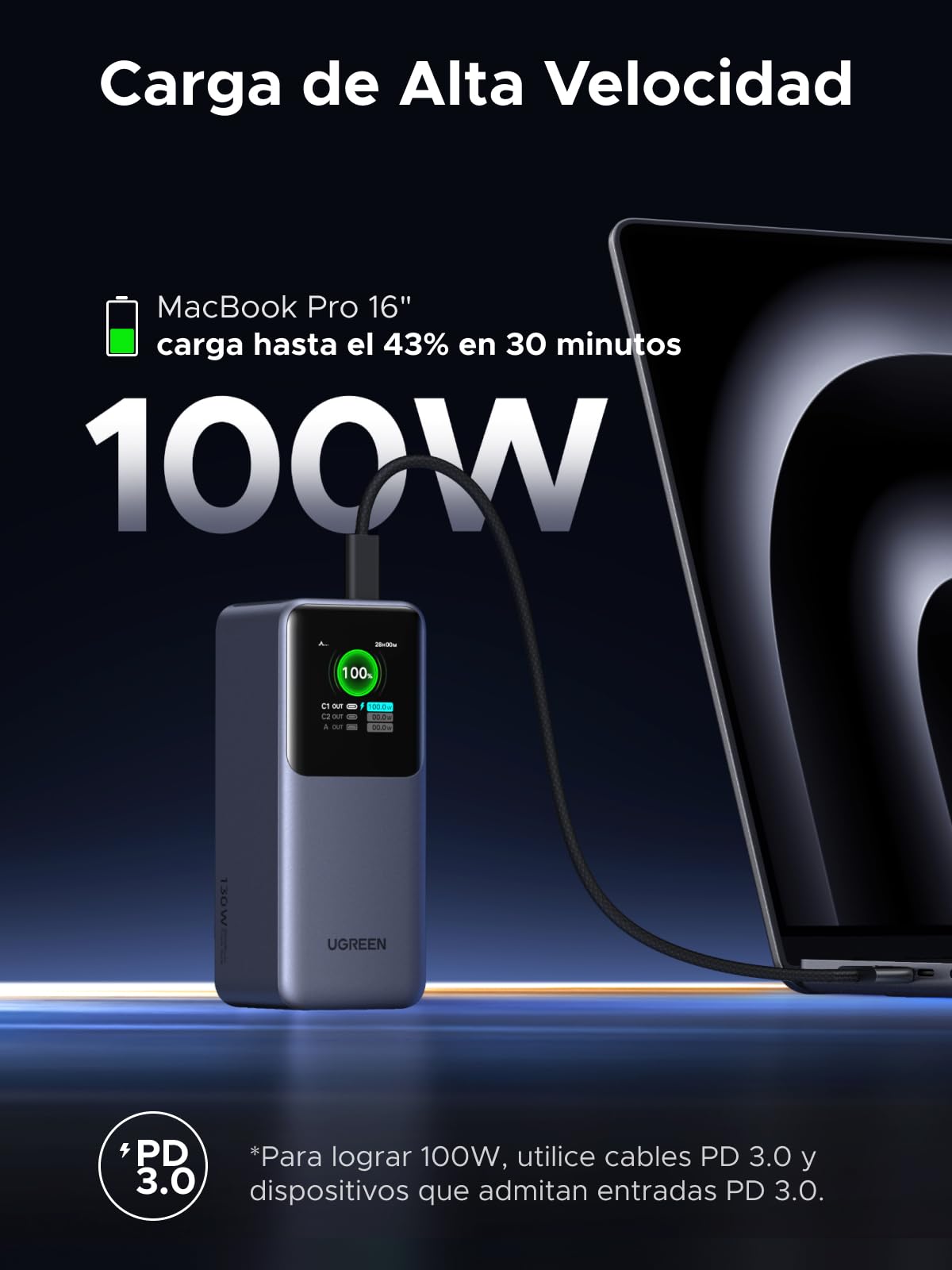 UGREEN Nexode Pro 130W Power Bank 20000mAh Batería Externa USB C PD 100W | Carga Rápida, 3 Puertos 2C1A, Pantalla TFT, Cargador Portátil PC, Compatible con iPhone 17 16 15 Galaxy S26 S25 MacBook iPad