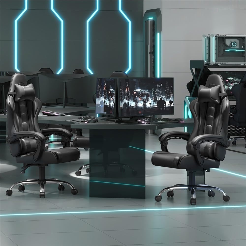 Yaheetech Gaming-Stuhl Ergonomischer Gaming Sessel mit Massagefunktion Computerstuhl Bürostuhl mit Wippfunktion von 125° verstellbar Gamer Stuhl für für Homeoffice und Gaming Schwarz – Bild 3