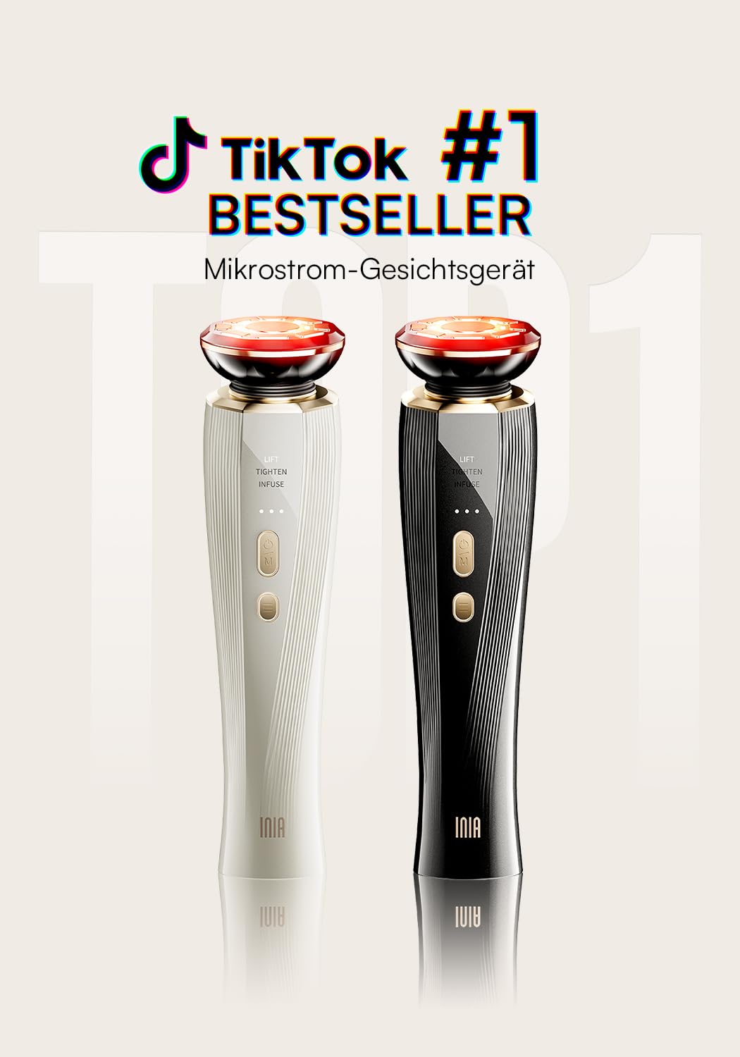 INIA Professionelles 3-in-1 Anti-Falten Gesichtsmassagegerät mit Mikrostrom & Rotlicht Straffendes Lifting-Gerät für Gescht/Hals, Reduziert Schwellungen & Falten Firm