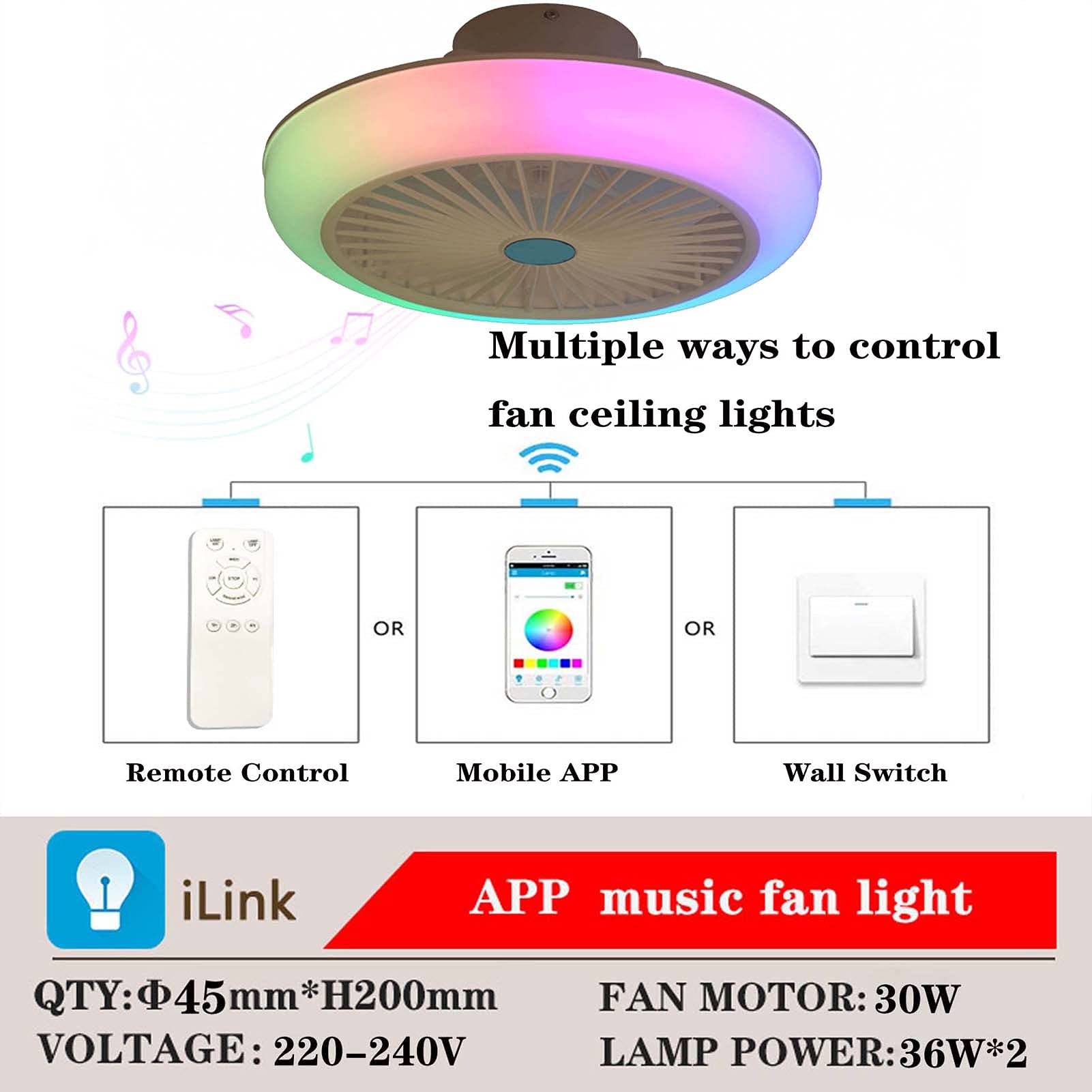VOMI Ventilatore da Soffitto con Luce Bluetooth Altoparlante Telecomando RGB Cambia Colore Plafoniera Ventilatore con Luce Dimmerabile LED Musica Lampadario Festa Illuminazione per Camera da letto