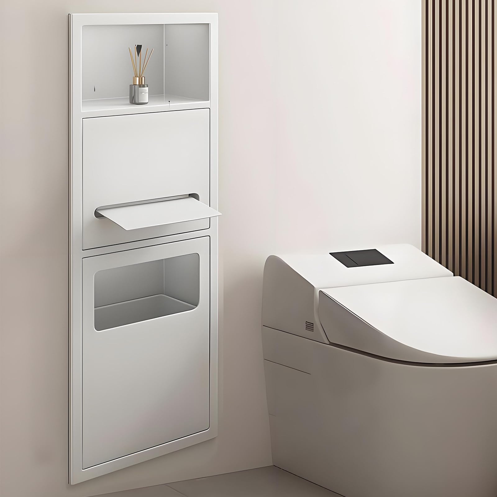 Recessed Toilet Paper Holder with Built-In Trash Can, Space-Saving Rack, Waterproof Organizer for Bathroom