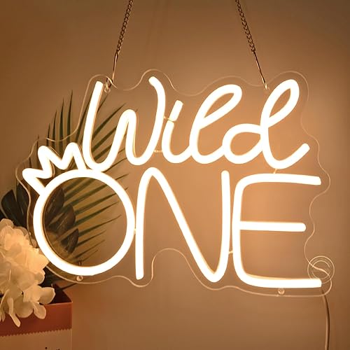 Britrio Wild One Crown - Letrero de luz de neón para baby shower, niña y niño, suministros de fiesta de cumpleaños de un año, primer aniversario,