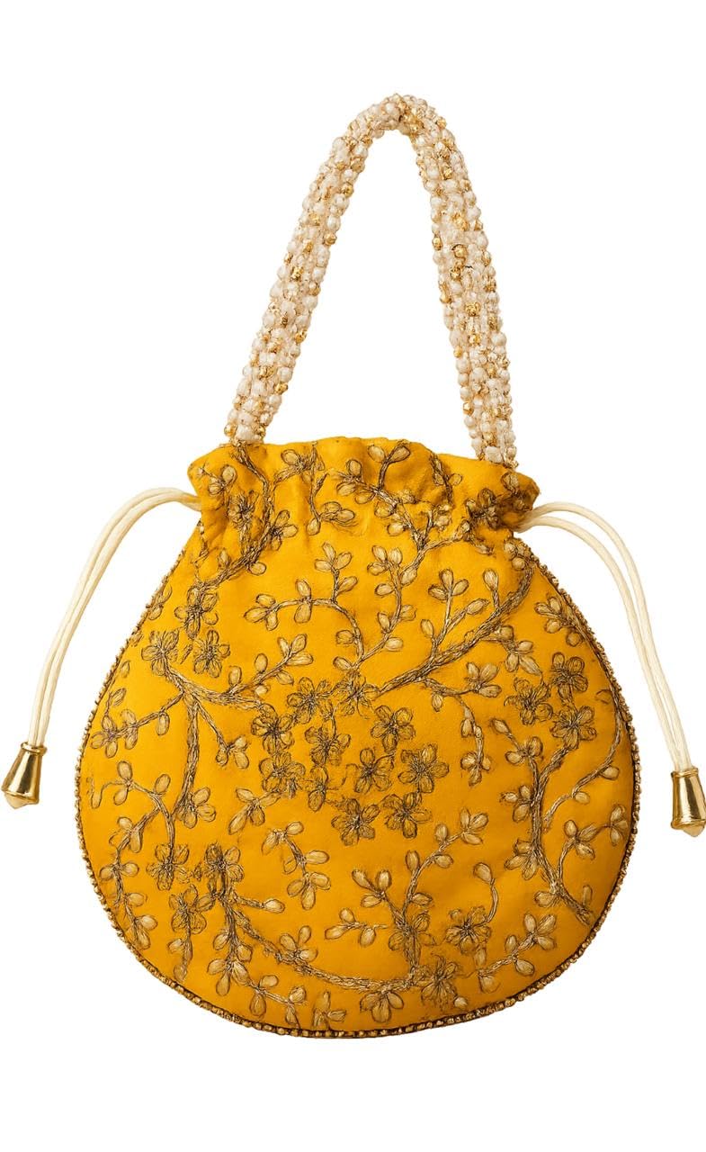 Mustard Yellow Embroidered Potli Bag with Pearl Handle-image-26