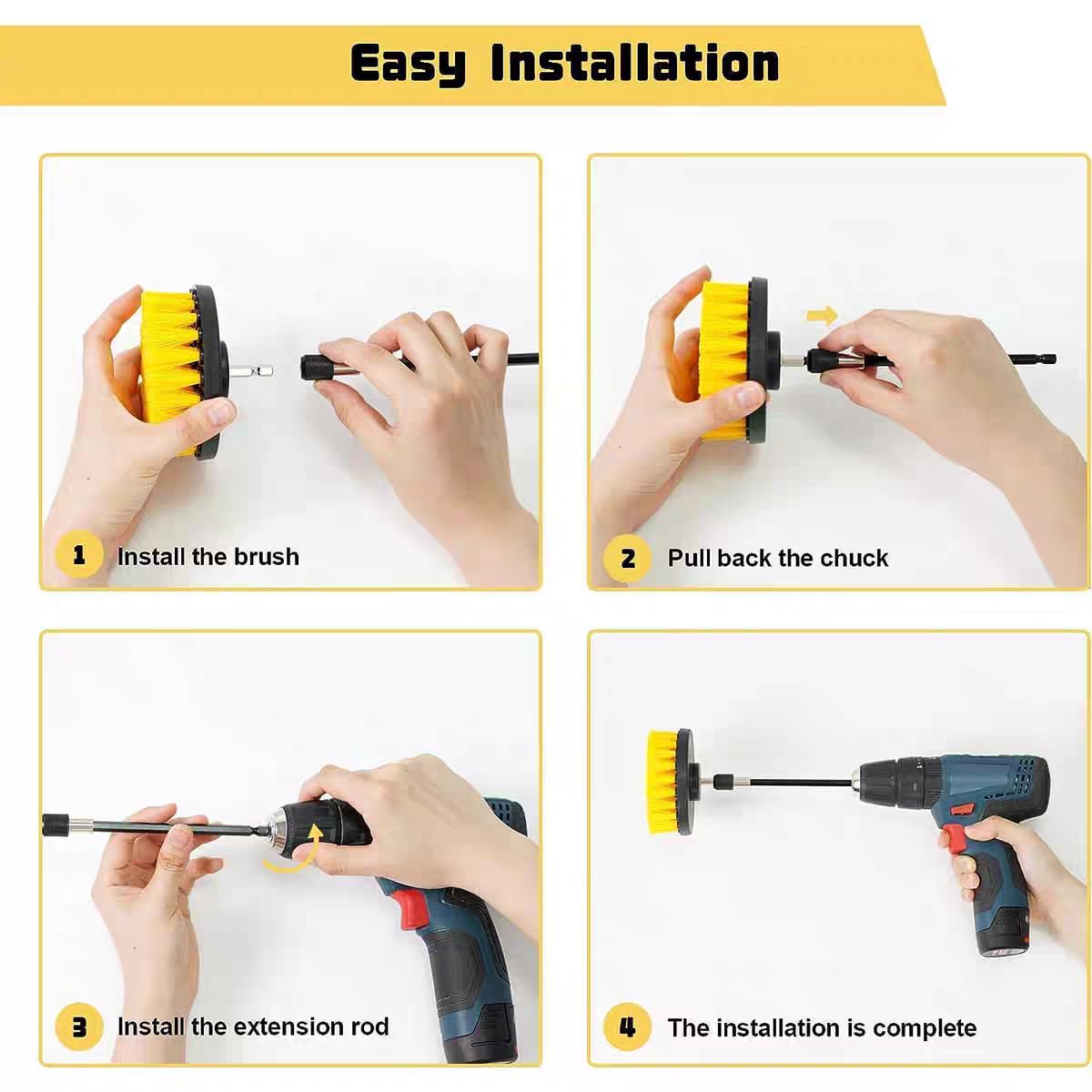 7-Piece Drill Brush Attachment Set Multi-Purpose Power Scrubber Kit with Extension Rod Nylon Bristle Brushes for Car Bathroom — view 3