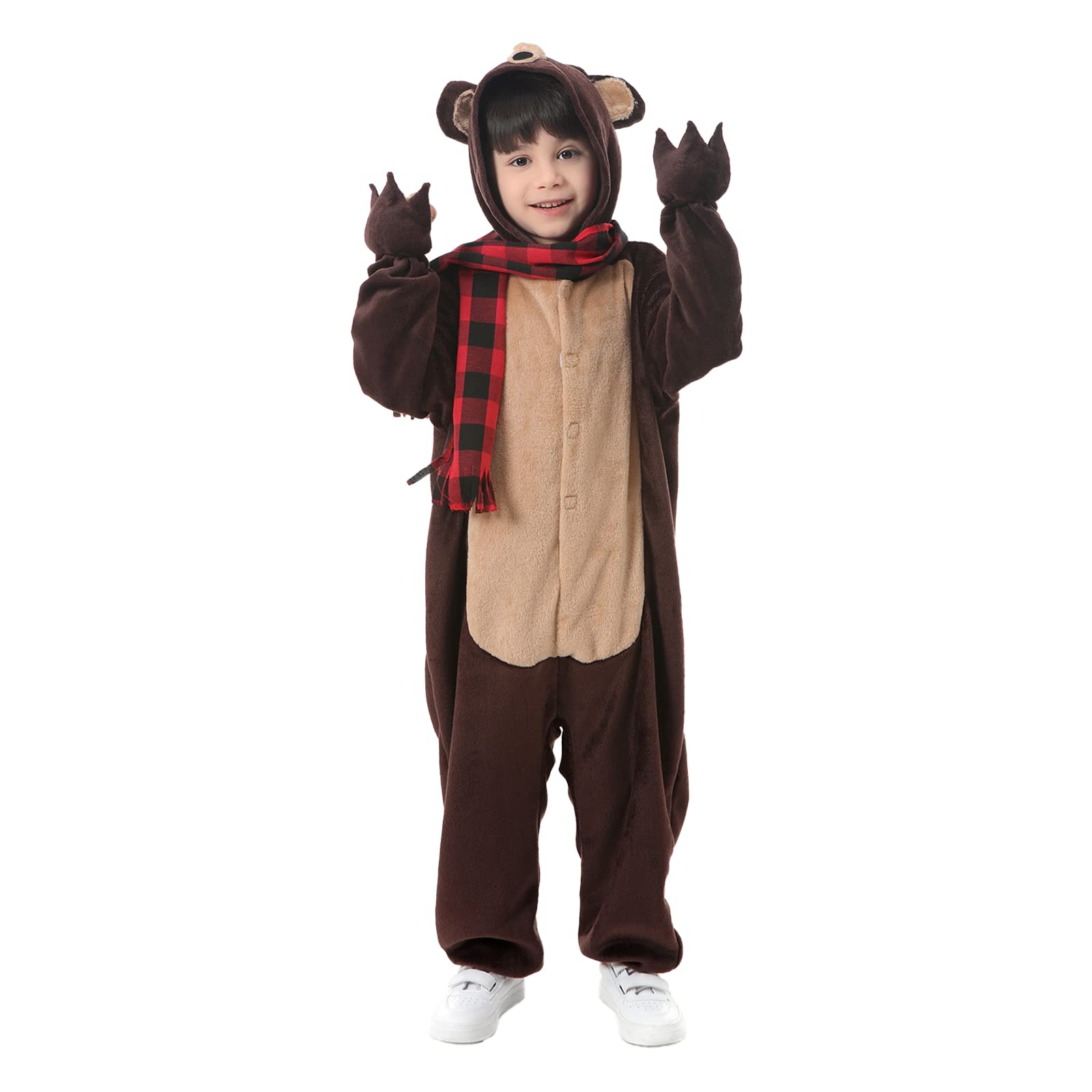 Funivals Brown Bear Costume Kids with Scarf，Plush Teddy Jumpsuit Animals Claw, Animal Cosplay Party Outfit Boys & Girls