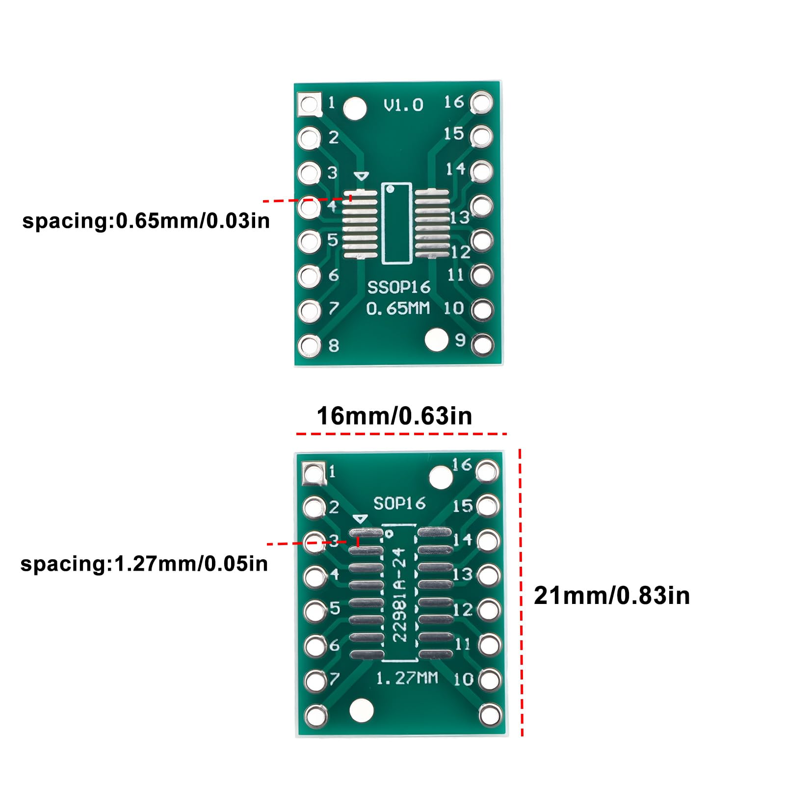 10x SOP16 TSSOP16 A DIP-16 PCB Pinboard 21x16mm Per La Modifica E L'aggiornamento Di Componenti SMD A Un'impronta DIP
