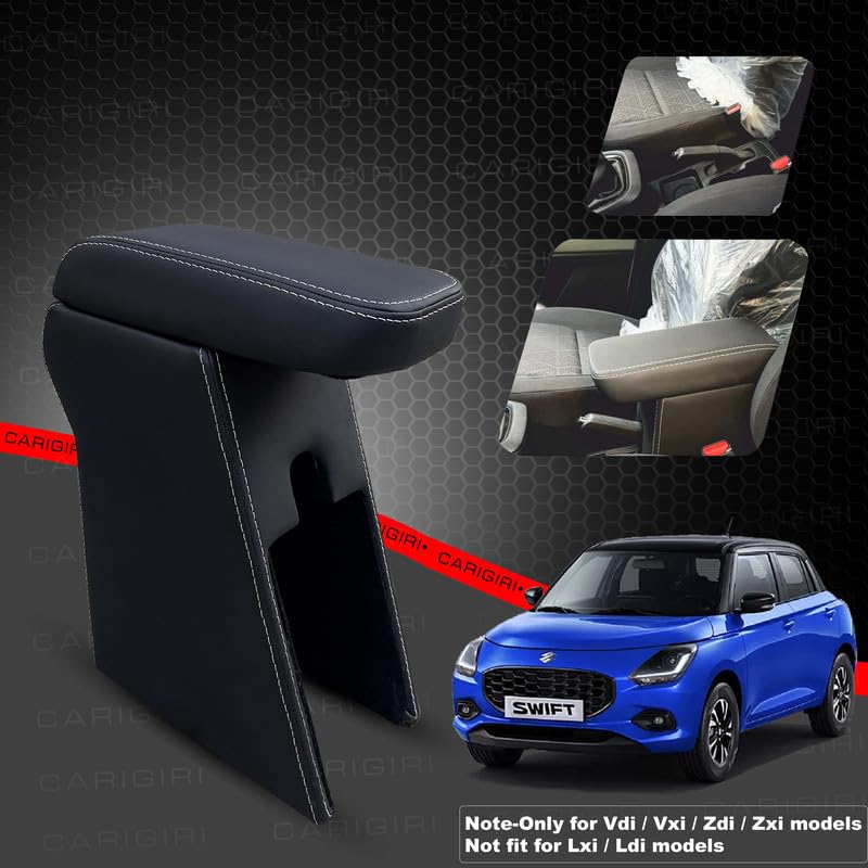 Image of Carigiri Premium Finish Car Armrest with Storage Box And High Density Moulded Foam For Maruti Suzuki Swift (Models-2024,2025)(ONLY FOR ZXI,ZDI /ZXI+ MODELS) (White Seam,Nappa Leatherette)