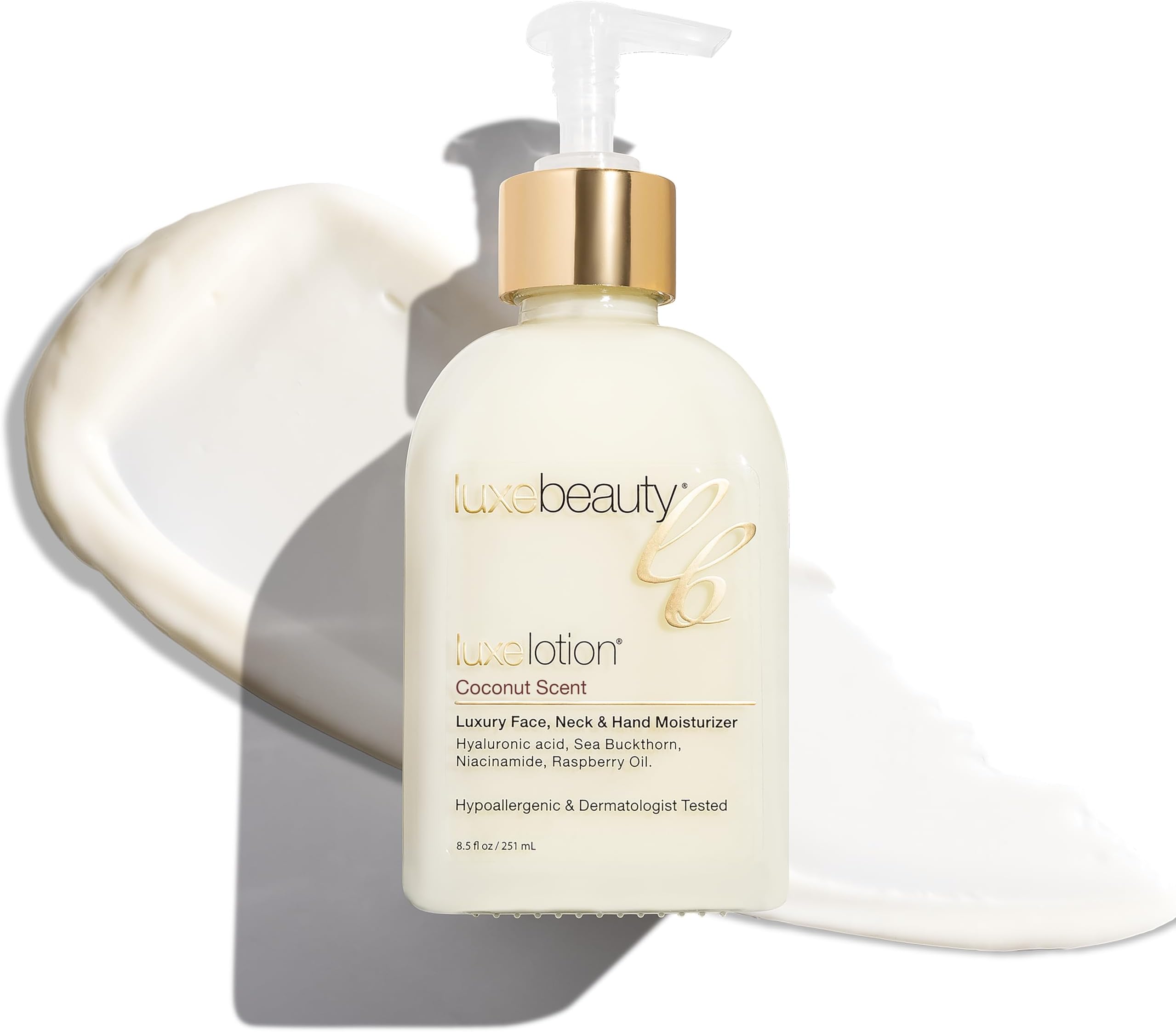 LUXELOTION Non-Greasy Moisturizer for Face, Neck & Hands – Coconut Scented Lotion, Anti-Aging, Hyaluronic Acid Body Lotion - Hyaluronic Acid for Body with Organic & Plant Based Ingredients