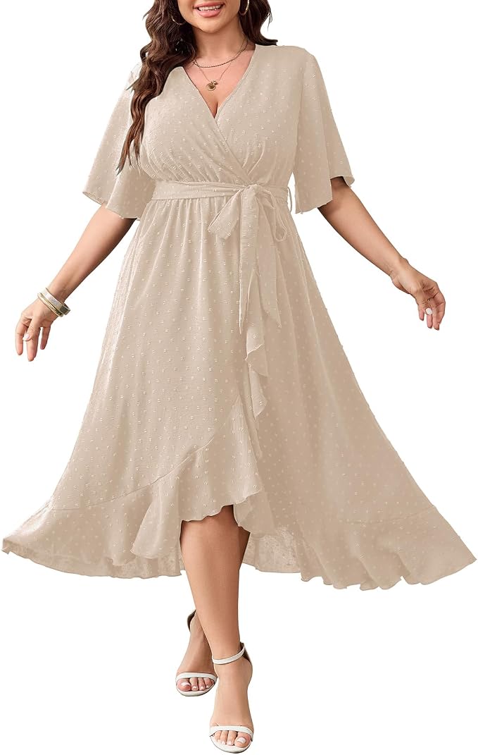 SCOMCHIC Women's Plus Size Summer Dresses Short Sleeve Wrap V Neck Swiss Dot Boho High Low Split Ruffle Maxi Dress