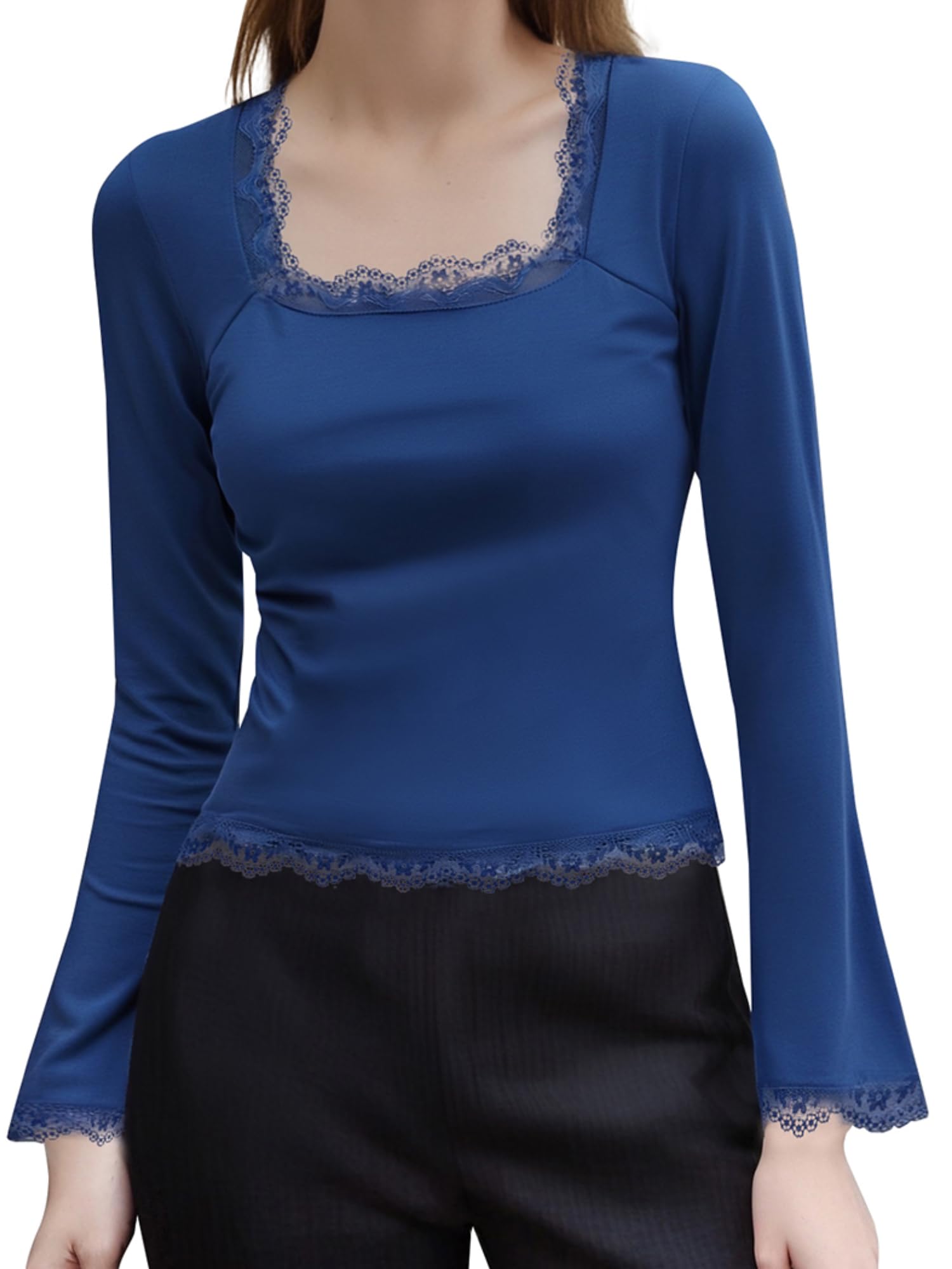 Lxootd Long Sleeve Shirts for Women Lace Trim Y2k Crop Top Casual Square Neck Blouses 2025 Trendy Fall Tops (A-Blue, L)