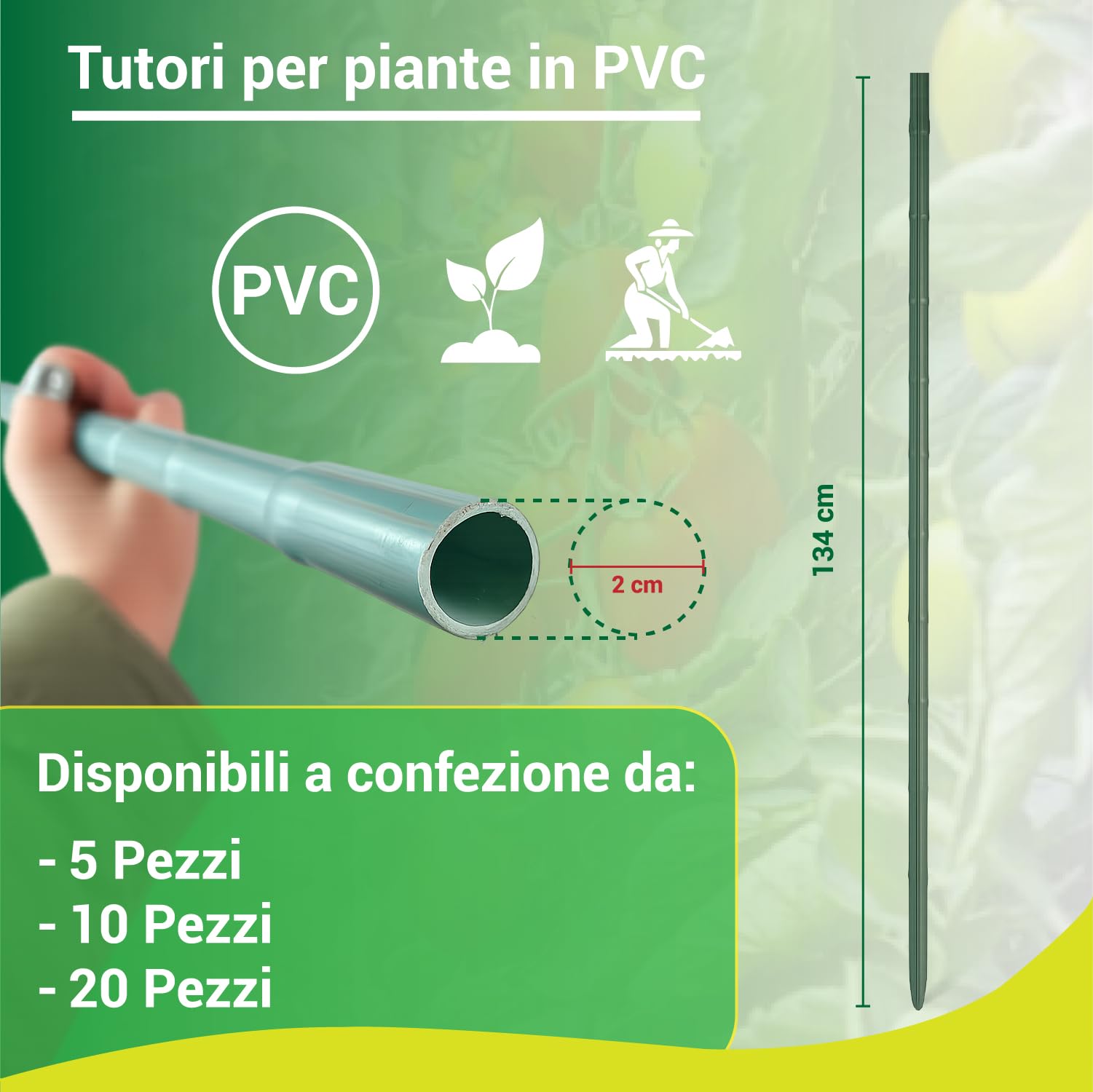 Crisalide Tutores para plantas de PVC - Postes de apoyo resistentes y reutilizables - Longitud 134 cm - Ø 2 cm - Ideal para huerto, jardín y plantas trepadoras - Paquete de 5, 10 o 20 unidades (20)