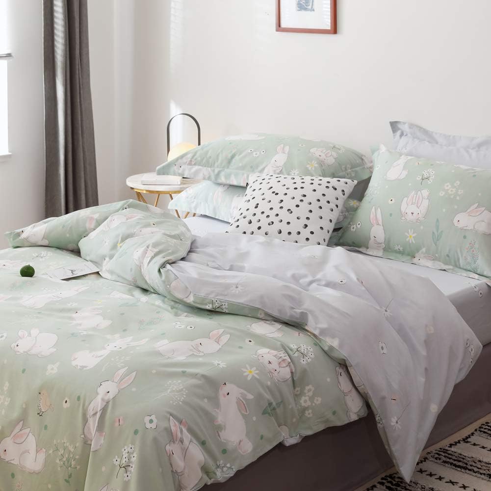BlueBlue Rabbit Kids Duvet Cover Set Queen, 100% Cotton Bedding for Boys Girls Teens, Cartoon White Rabbit Flower Cute Pattern Print on Light Green, 1 Full Comforter Cover 2 Pillow Shams (Queen)