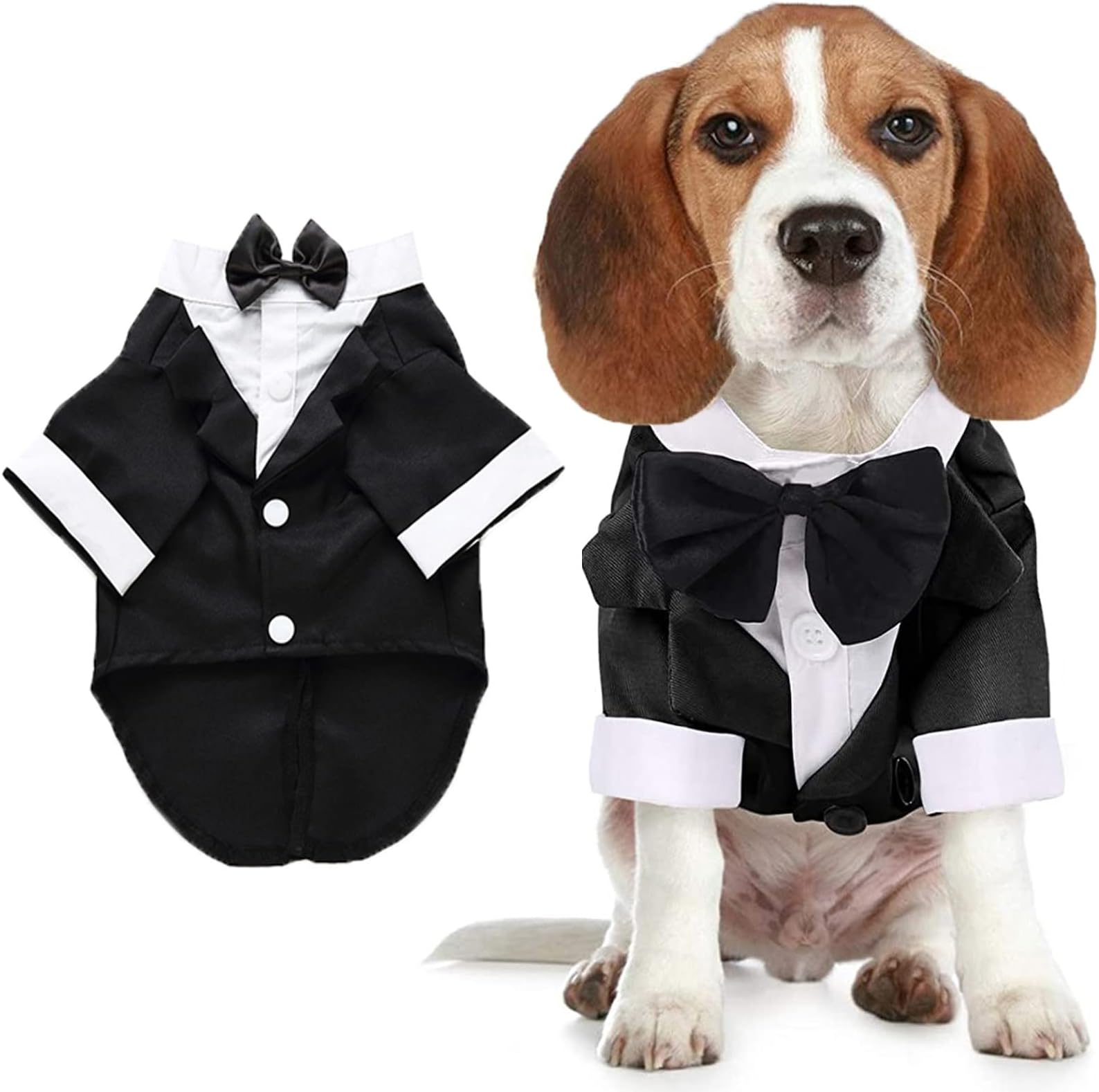 Dog Shirt Puppy Clothes, Pet Wedding Suit Formal Tuxedo with Black Bow Tie, Pet Outfit for Small Medium Dogs Cats, Pet Weding Attire Dress Up Cosplay Prince Costume Gentleman Apparel (Black, Small)