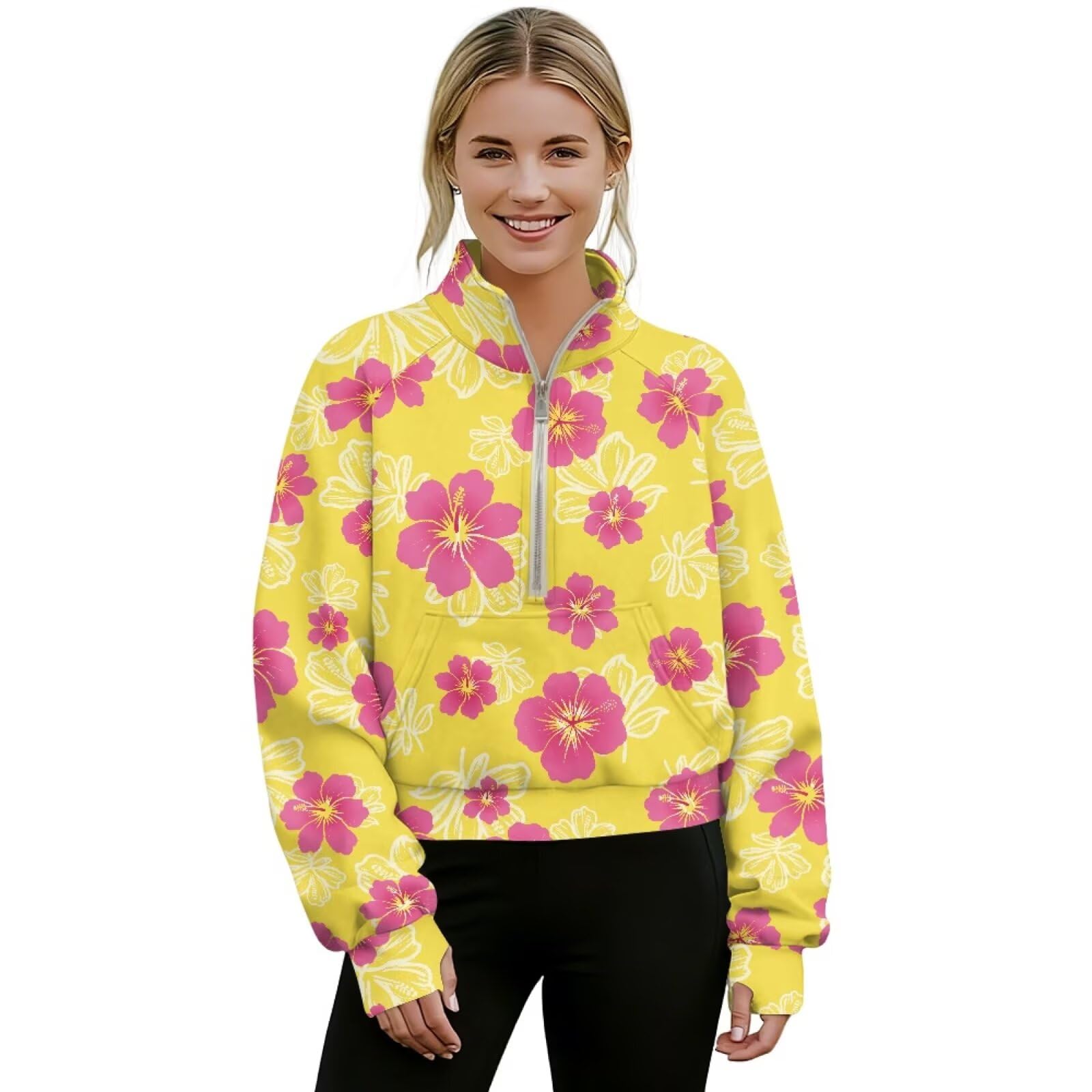 Poceacles Sweter z zamkiem błyskawicznym dla kobiet przycięta bluza z kieszenią na kciuk długi rękaw krótki top do biura
