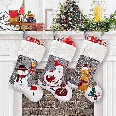 CARAKNOTS Grey Christmas Stockings 3 Pack Burlap Christmas Stockings with Embroidery Applique Santa Snowman Elk Christmas Stocking Faux Fur Large Xmas Stockings for Kids Family Baby Fireplace Cover
