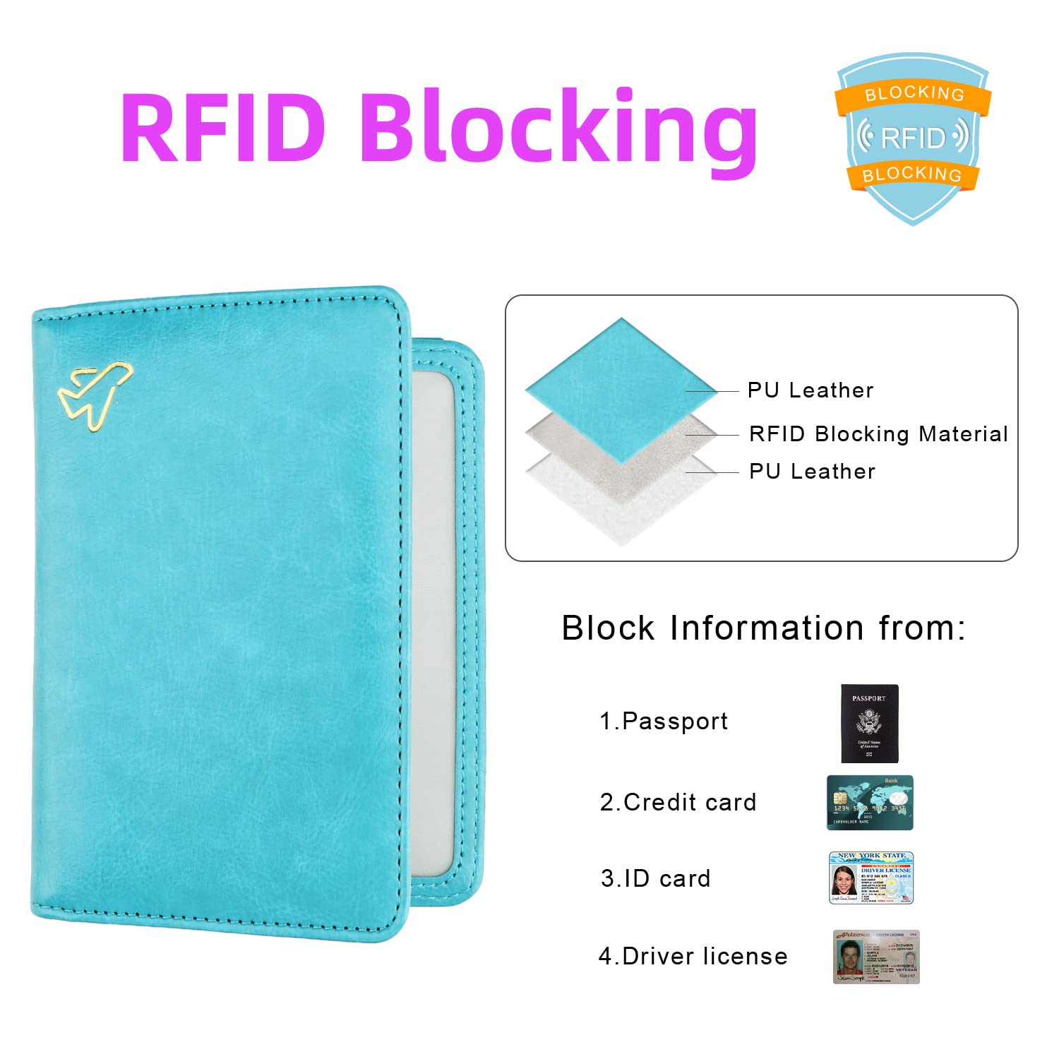 Soporte para pasaporte AirTag, de piel sintética, con bloqueo RFID, funda para pasaporte, artículos esenciales de viaje para mujeres y hombres, Azul/claro, Soporte para pasaporte con bloqueo 8