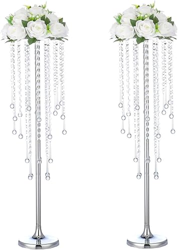 2 piezas de 29.5 pulgadas, soporte de flores de cristal para mesas de boda, soporte para arreglos florales de metal plateado de mesa, jarrones de