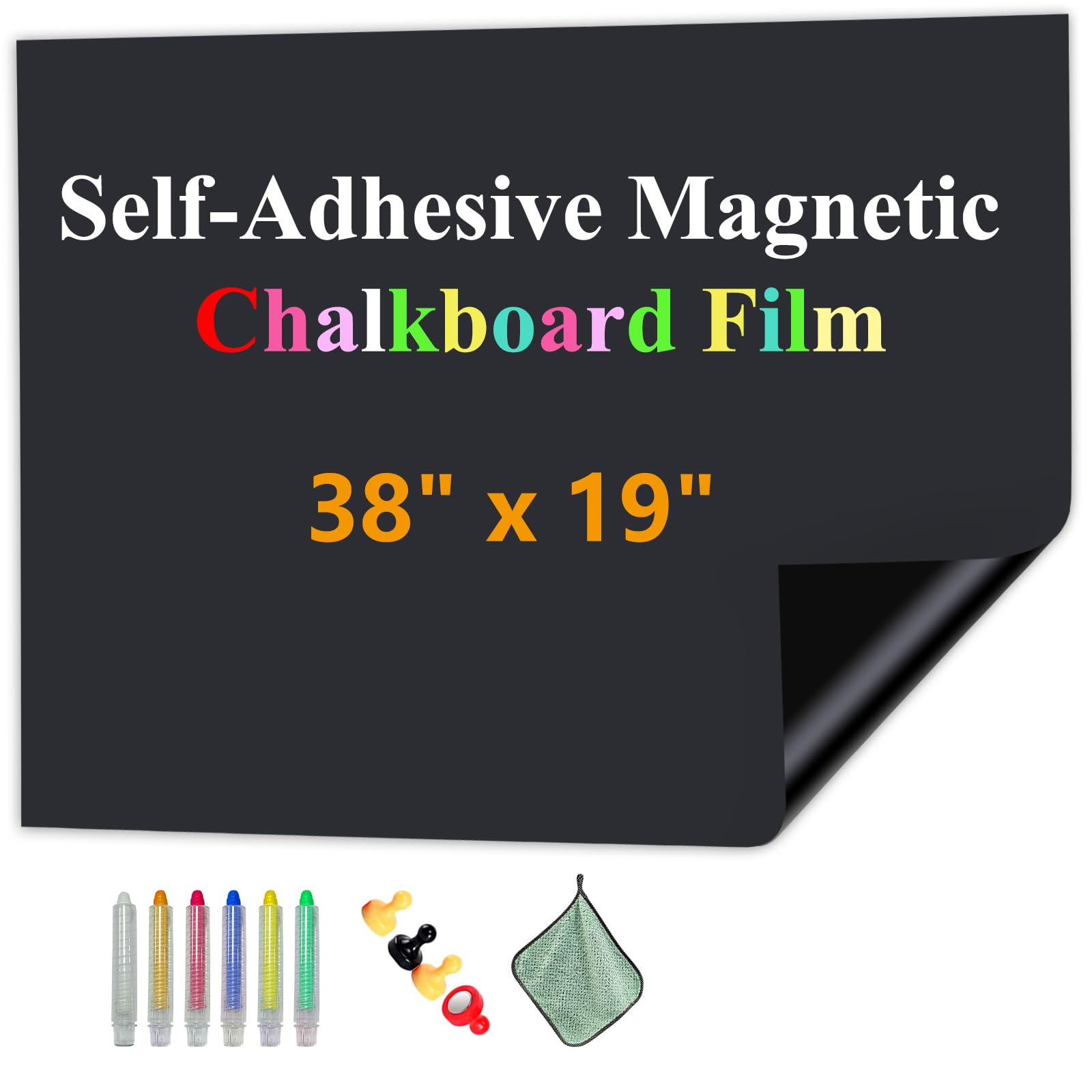 Magnetic Chalk Board Contact Film with Adhesive, 38" x 19" Magnetic Blackboard Sheet Sticker for Wall, Wallpaper Sheets for Office, School, and Kids, Includes Dustless Chalk, Wiping Cloth, and Magnet