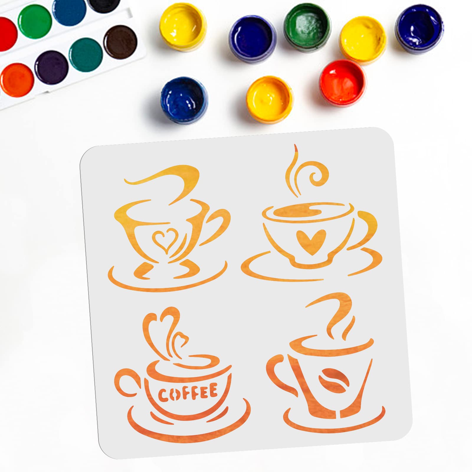 MAYJOYDIY Coffee Cup Stencil Coffee Drawing Template 30×30cm 4 Patterns PET Plastic Coffee Painting Reusable Templates for Home Dining Room Wall Decoration