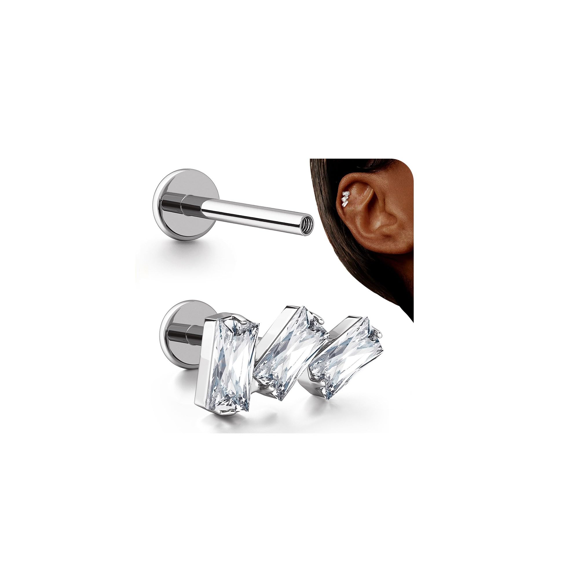 BodyBonita 16G Stud Earrings Flat Back - G23 Titanium Internal Thread Cartilage Earrings for Women Hypoallergenic CZ Stud Piercing Jewelry Tragus/Nose