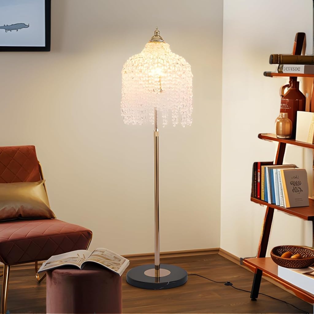 3-Light Gold Crystal Floor Lamp,Elegant Stand Up Lamp with Pendant Crystal Shade,Modern Floor Lamp for Living Room,Bedroom Decor