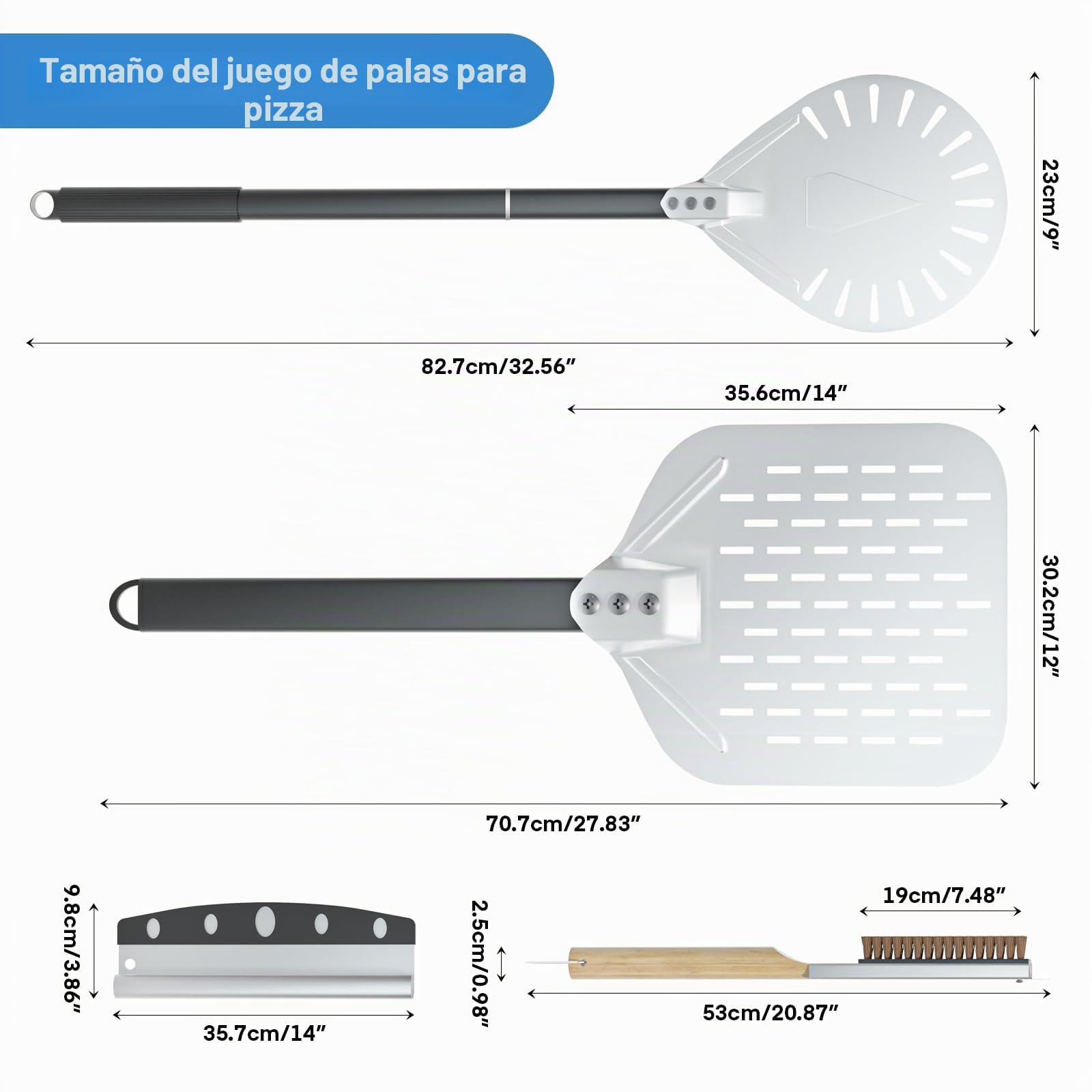 4PCS Accesorios para Horno de Pizza, iklestar Pela de Pizza Perforada de 30x40cm, Pela Giratoria de Aluminio de 83cm con Mango Largo, Cepillo Limpiador de Piedra de Horno para Pizza Casera