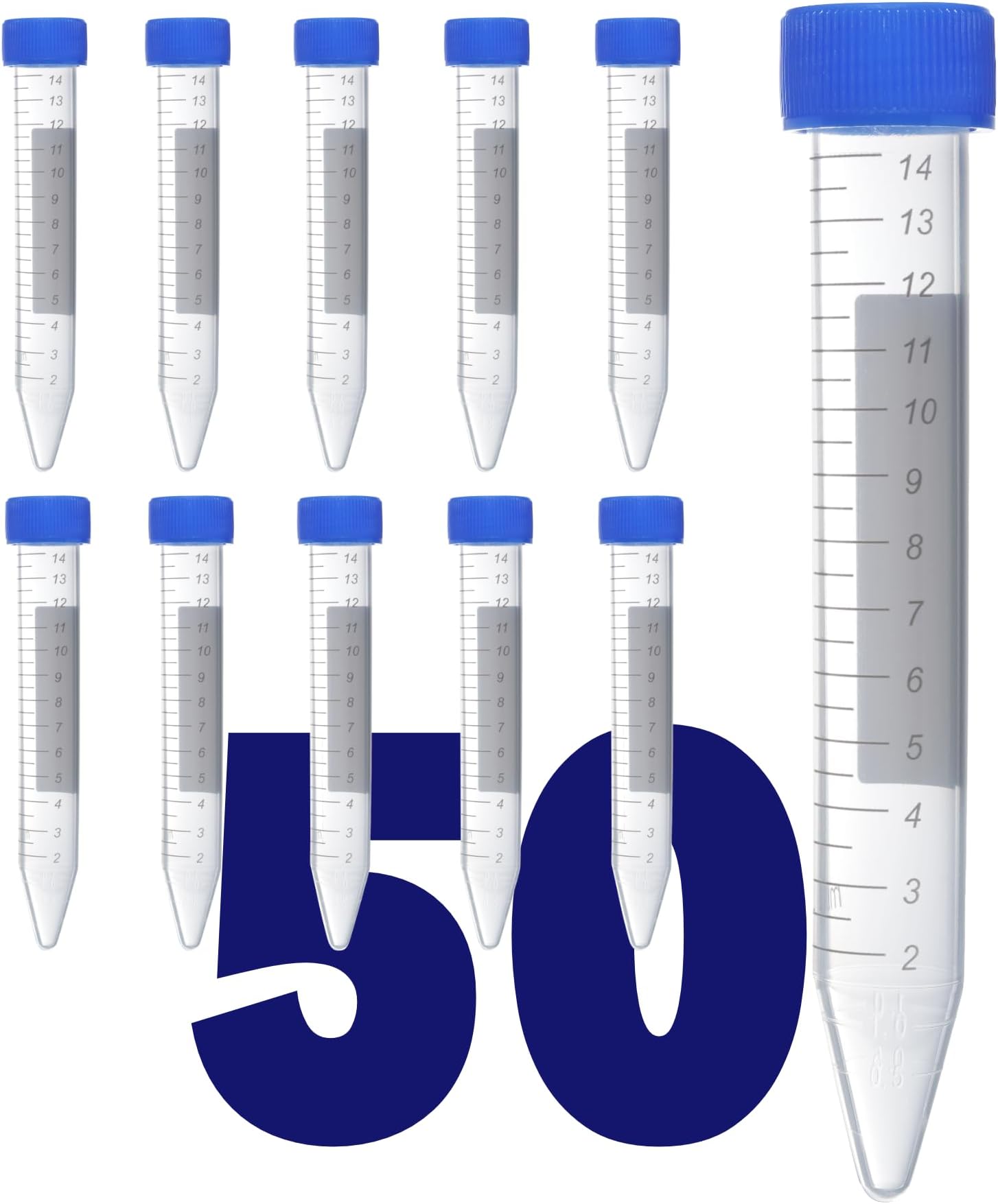 Kashi Scientific 15mL Screw Cap Conical Centrifuge Tubes, Sterile Test Tubes with Blue Lids, Lab-Grade Polypropylene Plastic, Printed Graduation and Write-on Spot [15mL, 50]