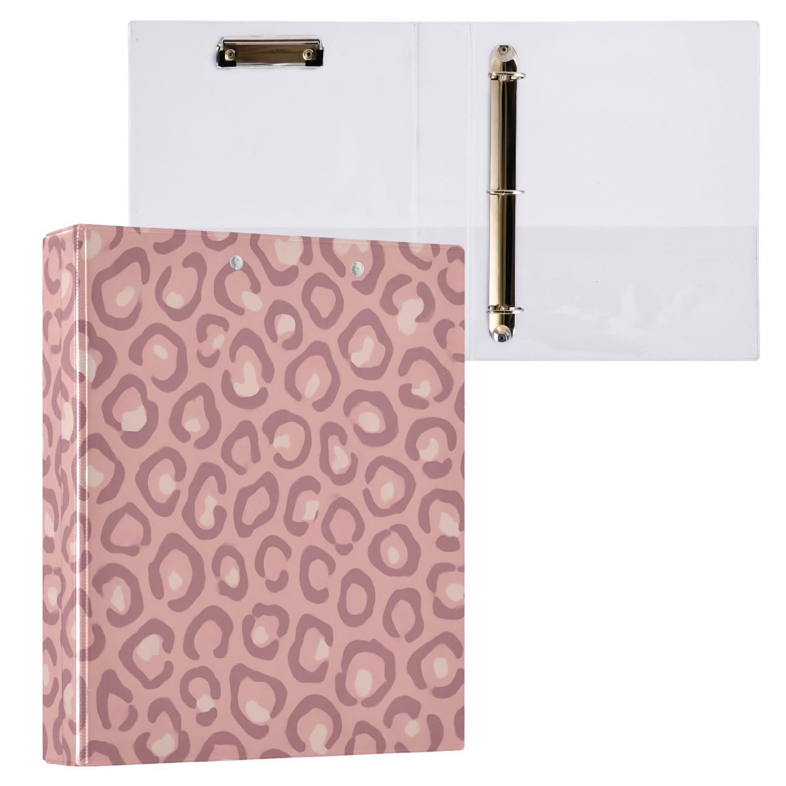 Raccoglitore a tre anelli con stampa astratta leopardata rosa, 3,8 cm, flessibile, confezione da 2 | Con portablocco e tasche, per scuola, università, ufficio