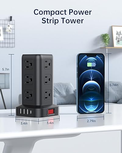 Vista 3 de Regleta protectora de sobretensiones, cable de 10 pies, torre de regleta de alimentación con 4 puertos USB (1USB C), cable de extensión con 12 tomas
