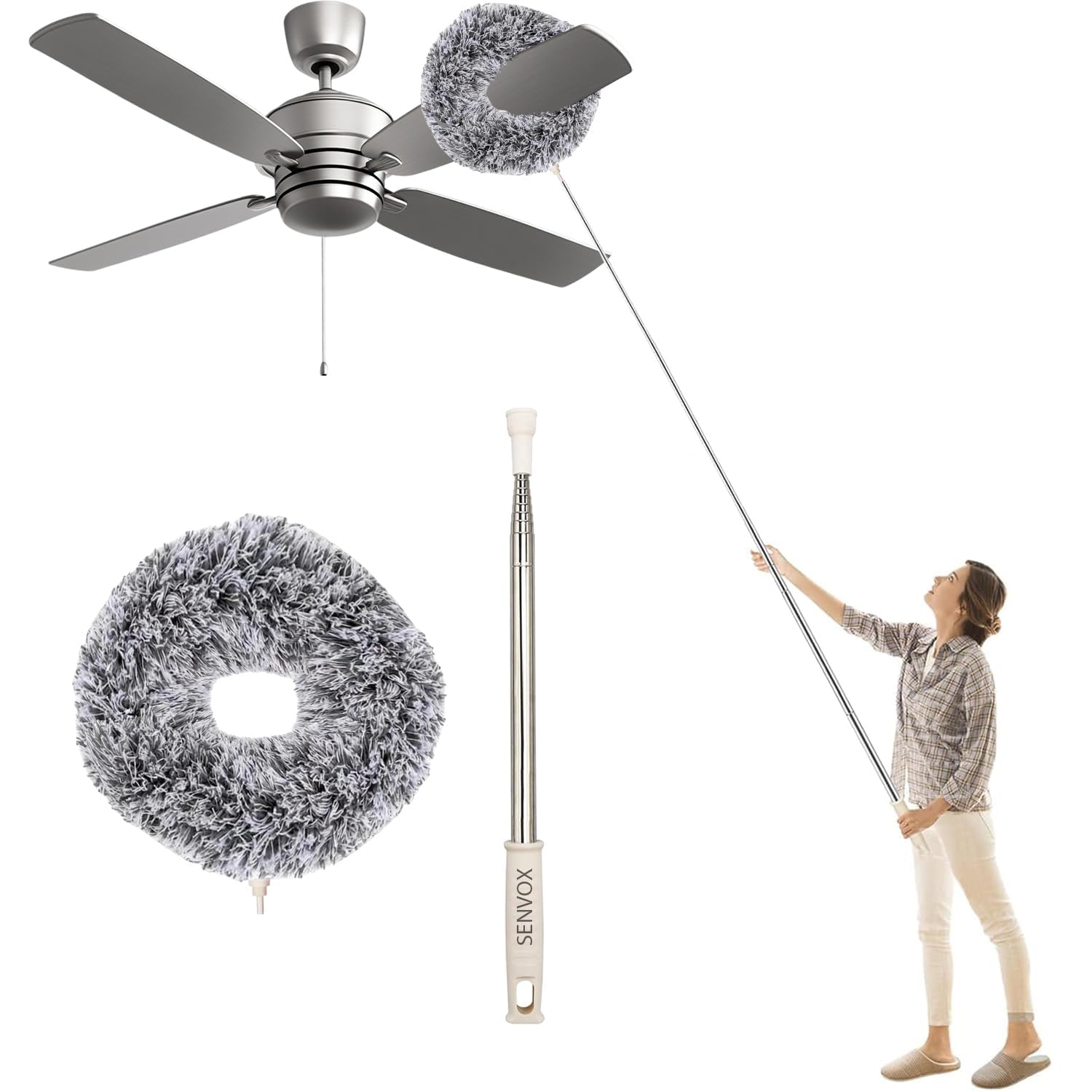Ceiling Fan Cleaner Duster High Ceiling Extended Fan Blade Cleaner from 13 to 50 Inch Reusable Microfiber Ceiling Fan Duster with Extension Handle for Furniture Bookshelves Wall Door (Gray)