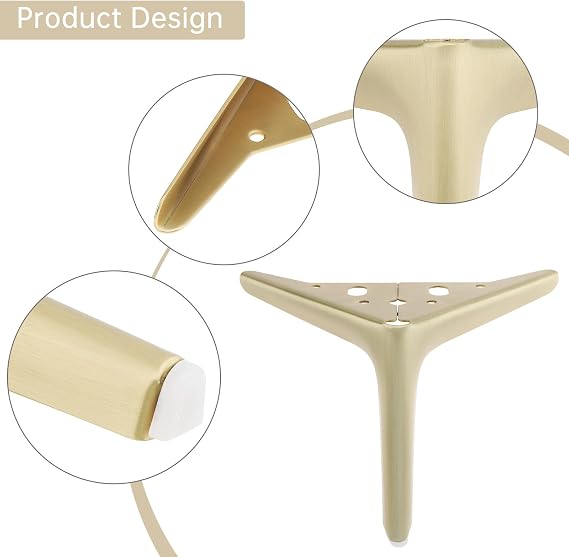 6 Inch Heavy Duty Furniture Legs Antique Brushed Gold, Metal Triangle Furniture Feet Set of 4, Modern Style DIY Replacement for Sofa Legs, Cabinet Legs, Dresser Legs (Brushed Gold, 6 Inch)