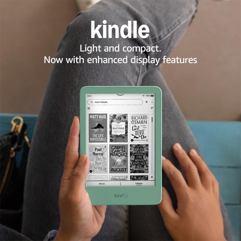 Amazon Kindle (16 GB) – Lightest and most compact Kindle with glare-free display, faster page turns, adjustable front light and long battery life – With Ads – Matcha + Kindle Unlimited