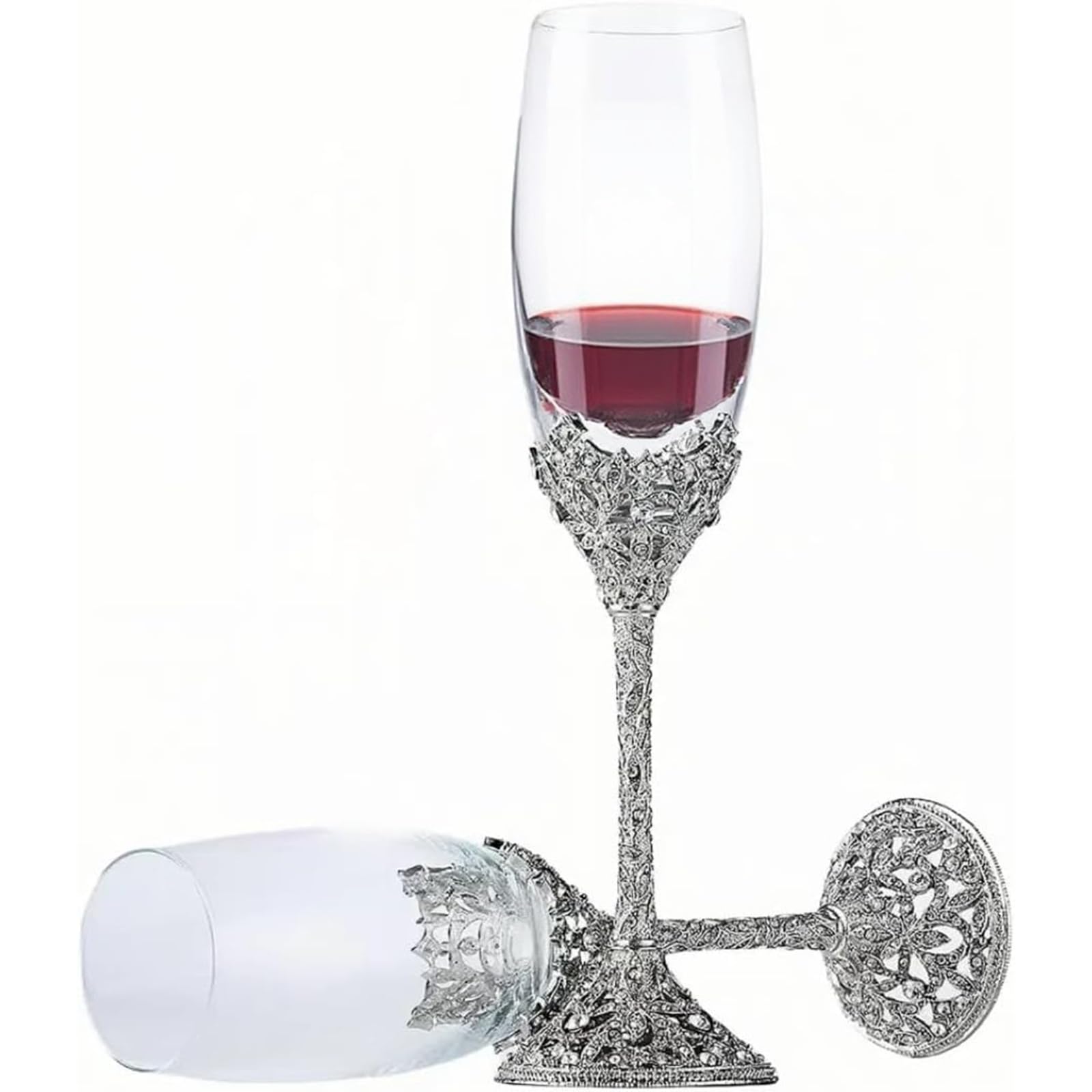 THE WHITE SHOP 2 PCS Champagne Flutes, 7 Oz Crystal Glass Metal Base With Crystal Stones, Toasting Flute Pair Wedding Anniversary Party Birthday Banquets and Gifts for Bride and Groom